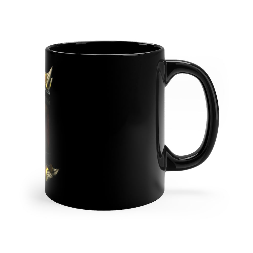 Raptor Barrel Black mug, 11oz capacity, featuring a sleek black ceramic design with rounded corners and a comfortable C-handle.