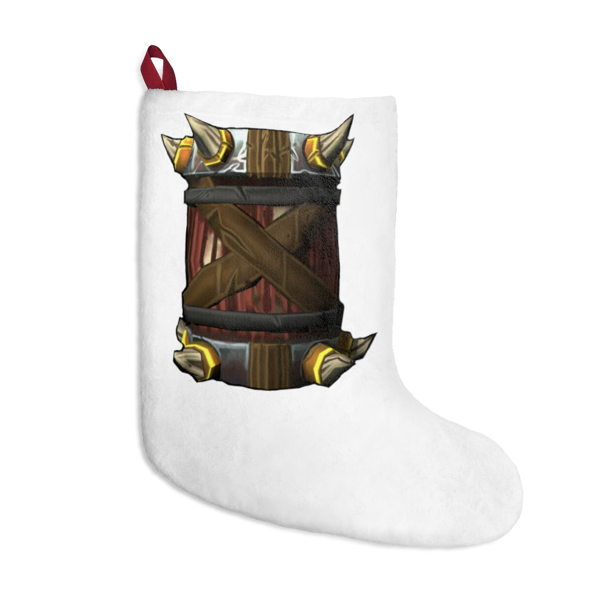 Raptor Barrel Christmas Stockings hanging by a fireplace, featuring custom prints and a festive design.