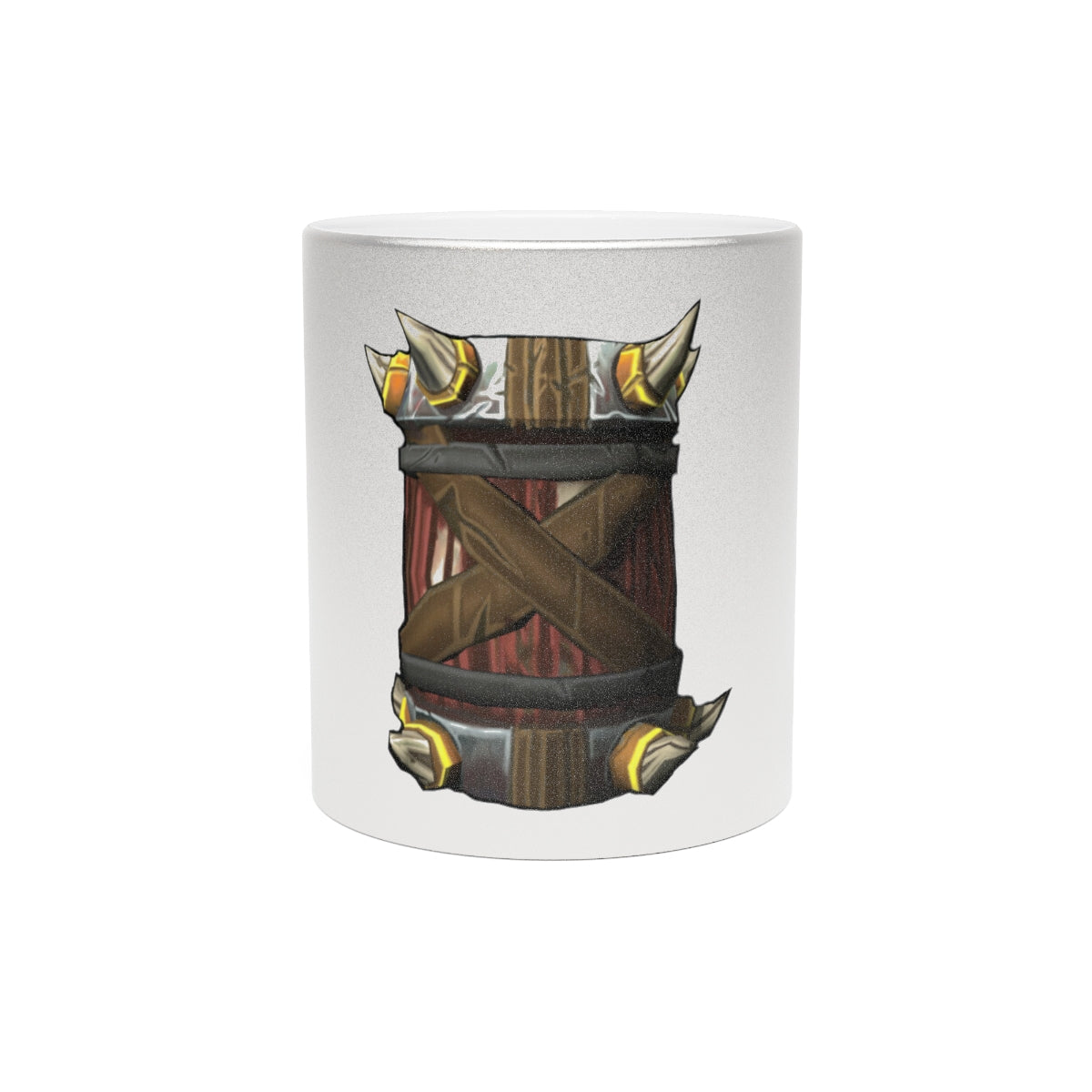 Raptor Barrel Metallic Mug in Silver and Gold finishes, showcasing a personalized design with a comfortable C-handle.