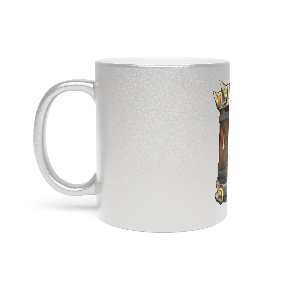 Raptor Barrel Metallic Mug in Silver and Gold finishes, showcasing a personalized design with a comfortable C-handle.