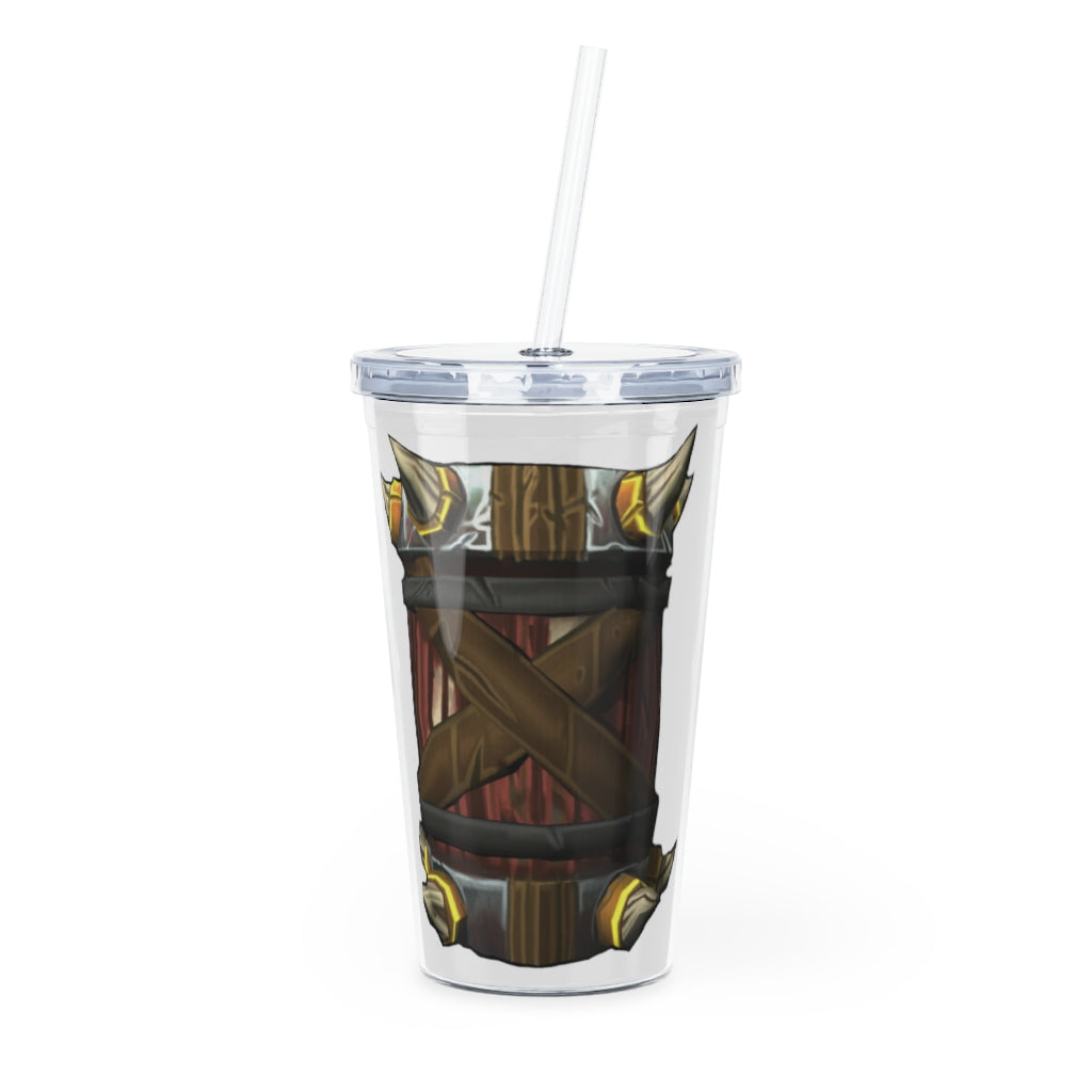 Raptor Barrel Plastic Tumbler with Straw, featuring a customizable design and double wall insulation, perfect for drinks at events.