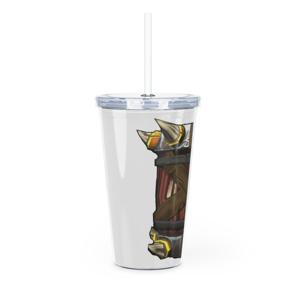 Raptor Barrel Plastic Tumbler with Straw, featuring a customizable design and double wall insulation, perfect for drinks at events.