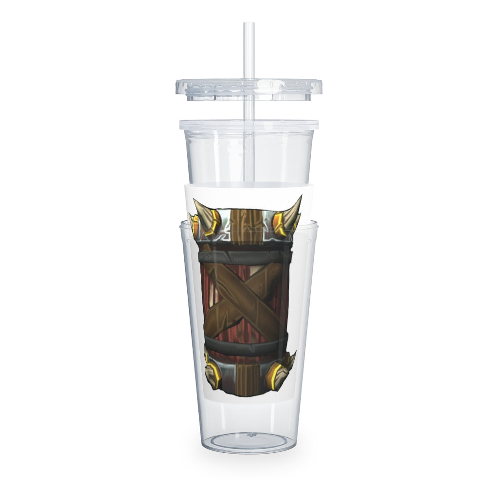 Raptor Barrel Plastic Tumbler with Straw, featuring a customizable design and double wall insulation, perfect for drinks at events.