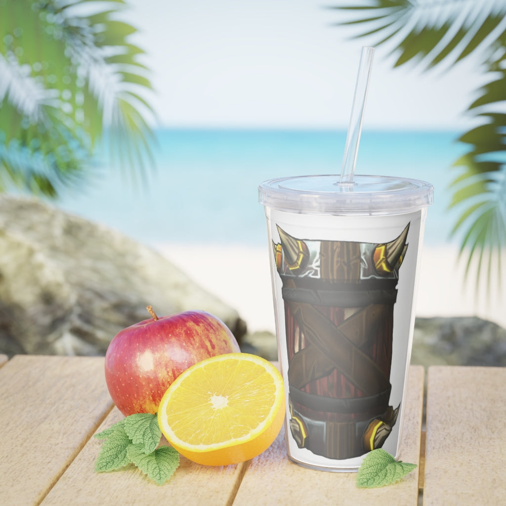 Raptor Barrel Plastic Tumbler with Straw, featuring a customizable design and double wall insulation, perfect for drinks at events.