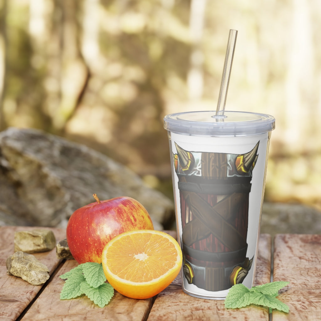 Raptor Barrel Plastic Tumbler with Straw, featuring a customizable design and double wall insulation, perfect for drinks at events.