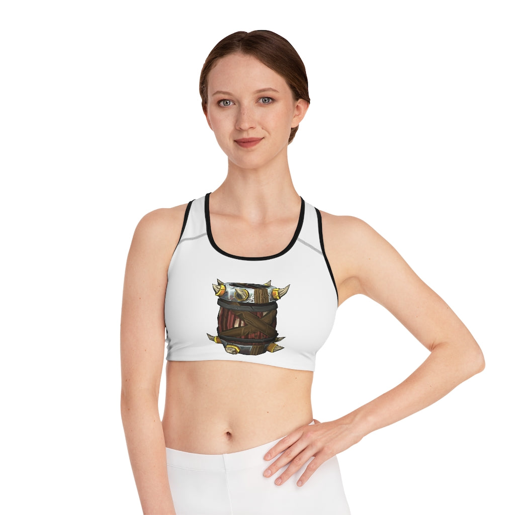 Raptor Barrel Sports Bra featuring a customizable all-over print design, compression fit, and double-layer front for enhanced support and comfort.