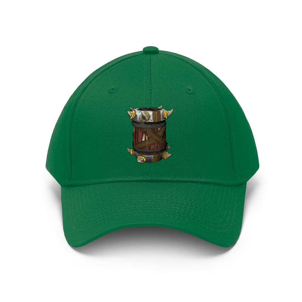 Raptor Barrel Unisex Twill Hat in classic design, showcasing adjustable Velcro closure and 6-panel structure.