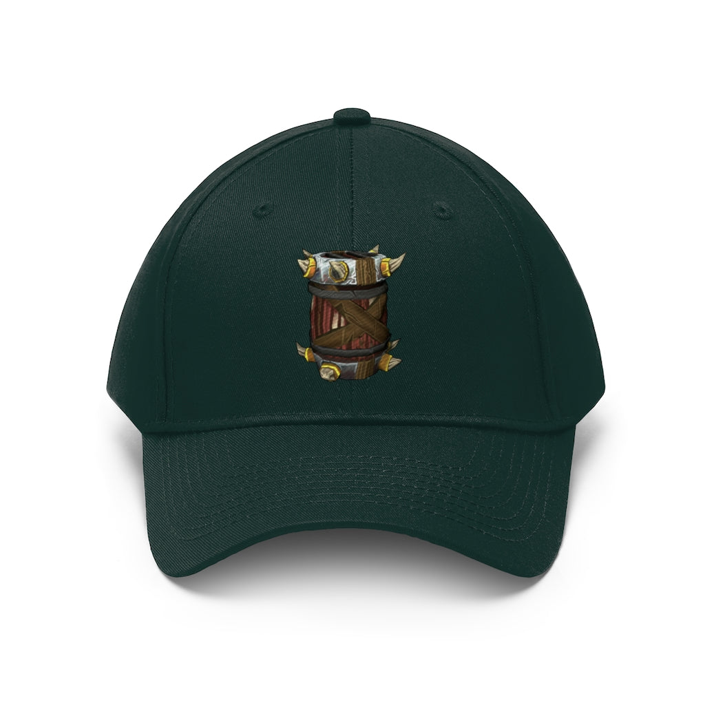 Raptor Barrel Unisex Twill Hat in classic design, showcasing adjustable Velcro closure and 6-panel structure.