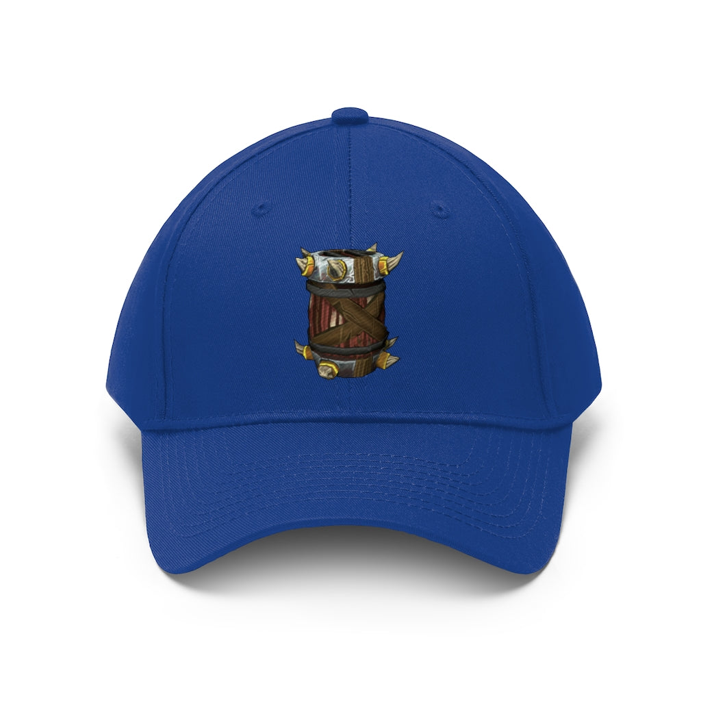 Raptor Barrel Unisex Twill Hat in classic design, showcasing adjustable Velcro closure and 6-panel structure.