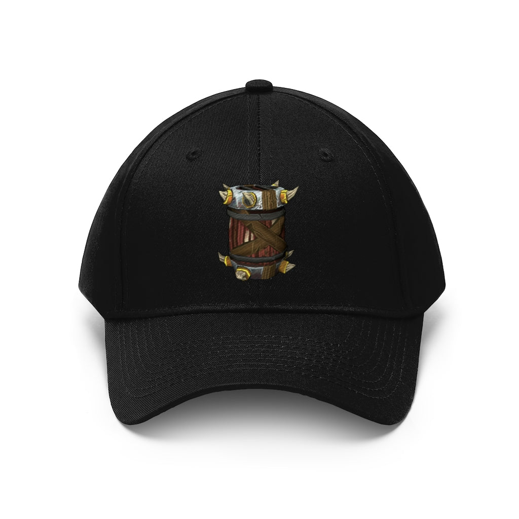 Raptor Barrel Unisex Twill Hat in classic design, showcasing adjustable Velcro closure and 6-panel structure.