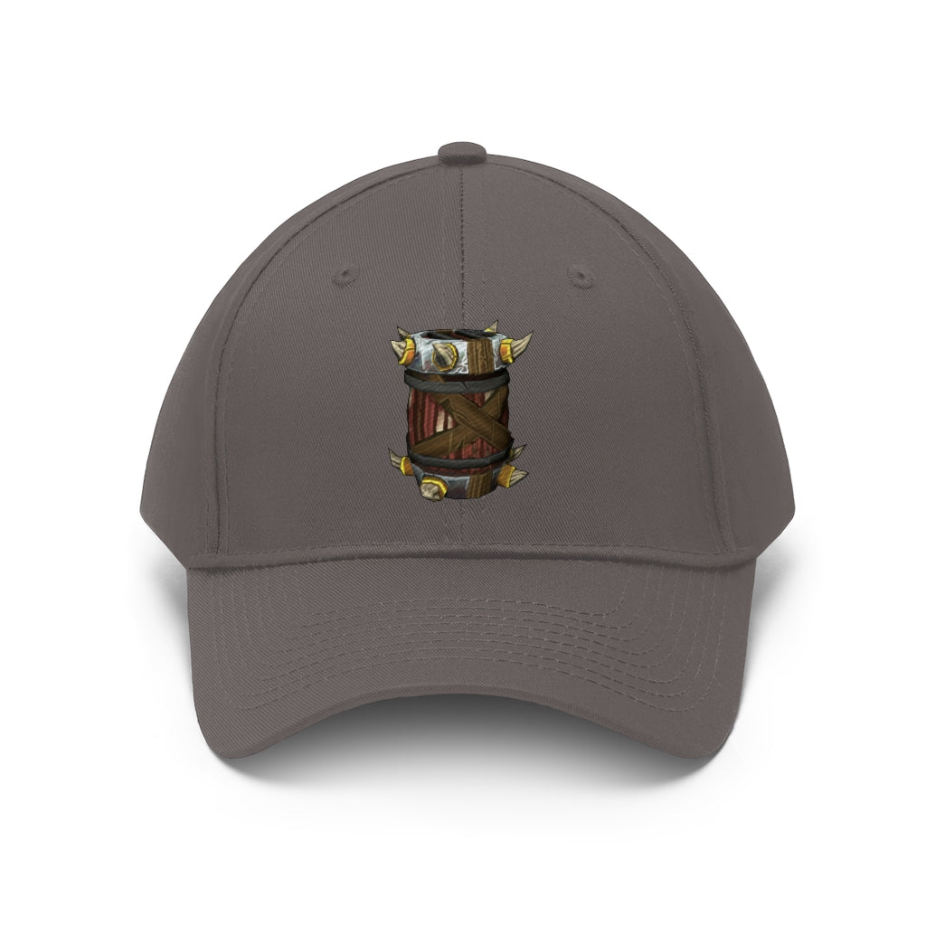 Raptor Barrel Unisex Twill Hat in classic design, showcasing adjustable Velcro closure and 6-panel structure.