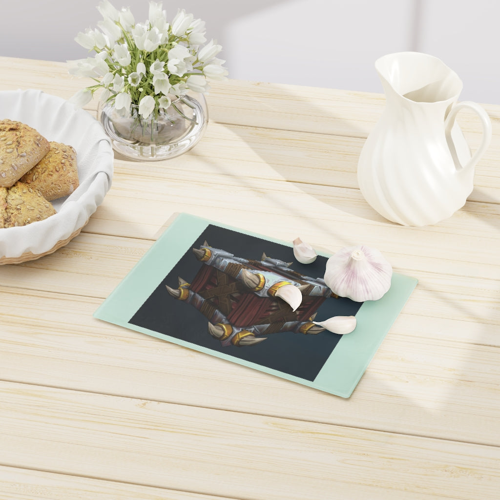 Raptor Crate Cutting Board made of tempered glass with rubber dots for stability, showcasing a personalized design.