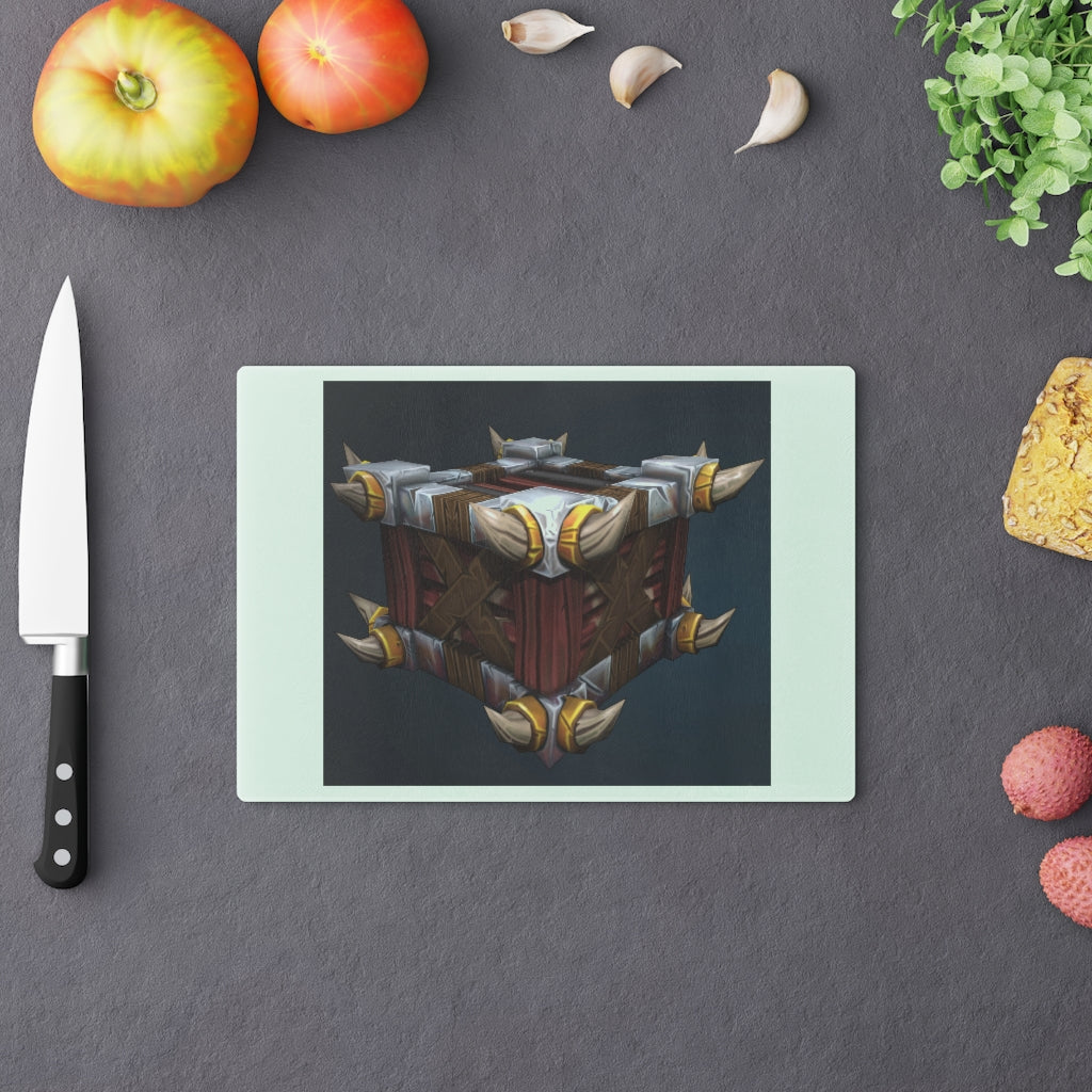 Raptor Crate Cutting Board made of tempered glass with rubber dots for stability, showcasing a personalized design.