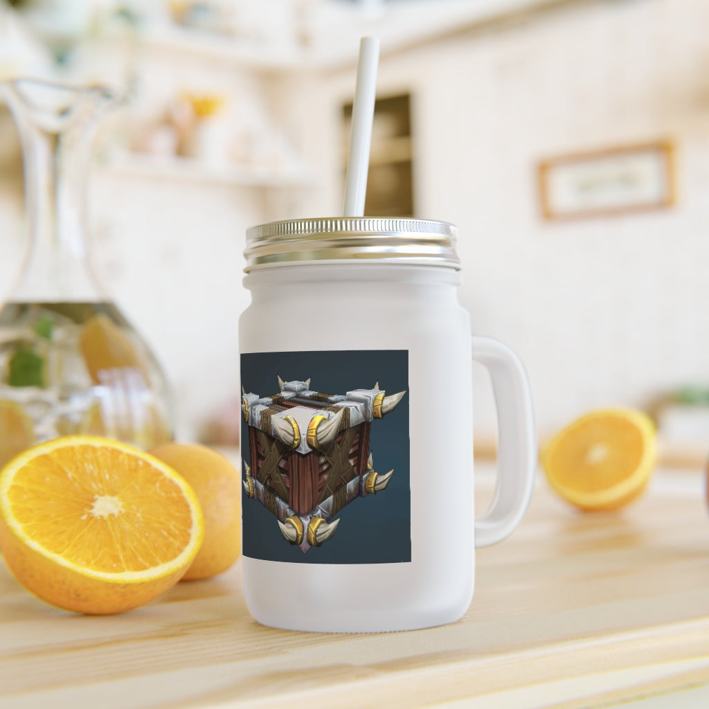 A stylish Raptor Crate Mason Jar made of frosted glass, featuring a straw and lid, perfect for personalized drinks.