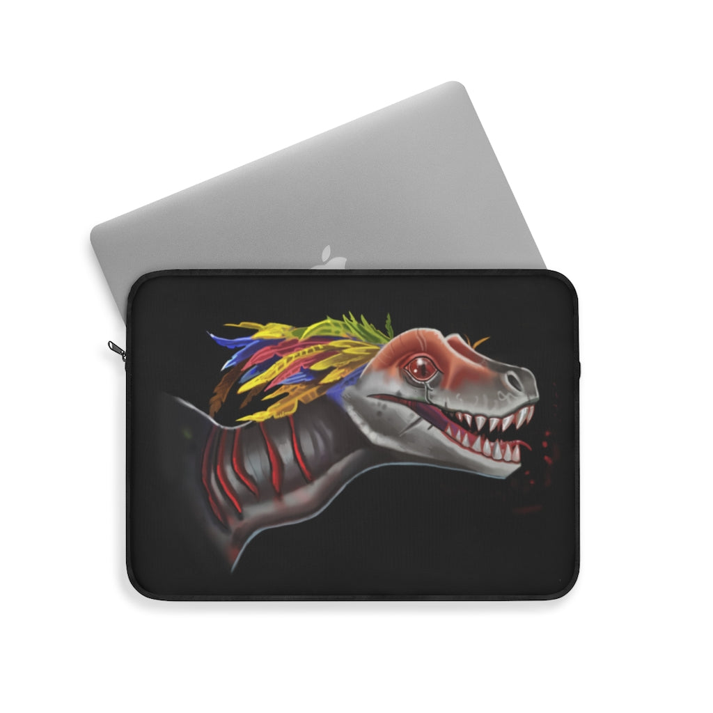 Raptor Laptop Sleeve featuring stylish print on one side, black backside, and top loading zipper, designed for protection and elegance.