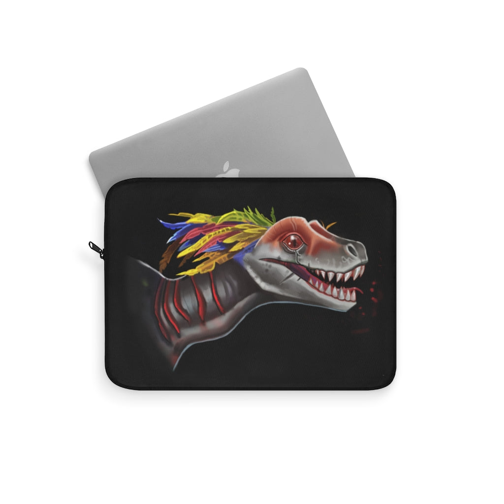 Raptor Laptop Sleeve featuring stylish print on one side, black backside, and top loading zipper, designed for protection and elegance.