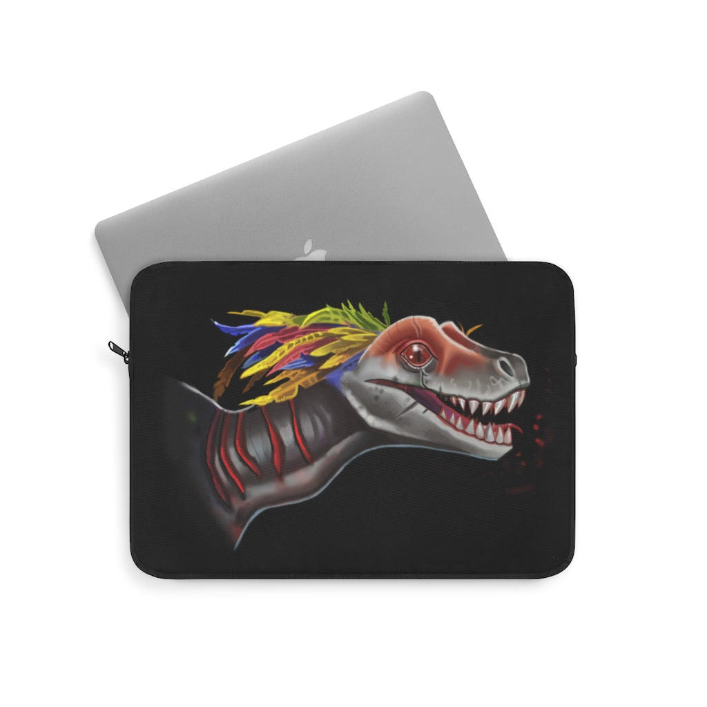 Raptor Laptop Sleeve featuring stylish print on one side, black backside, and top loading zipper, designed for protection and elegance.