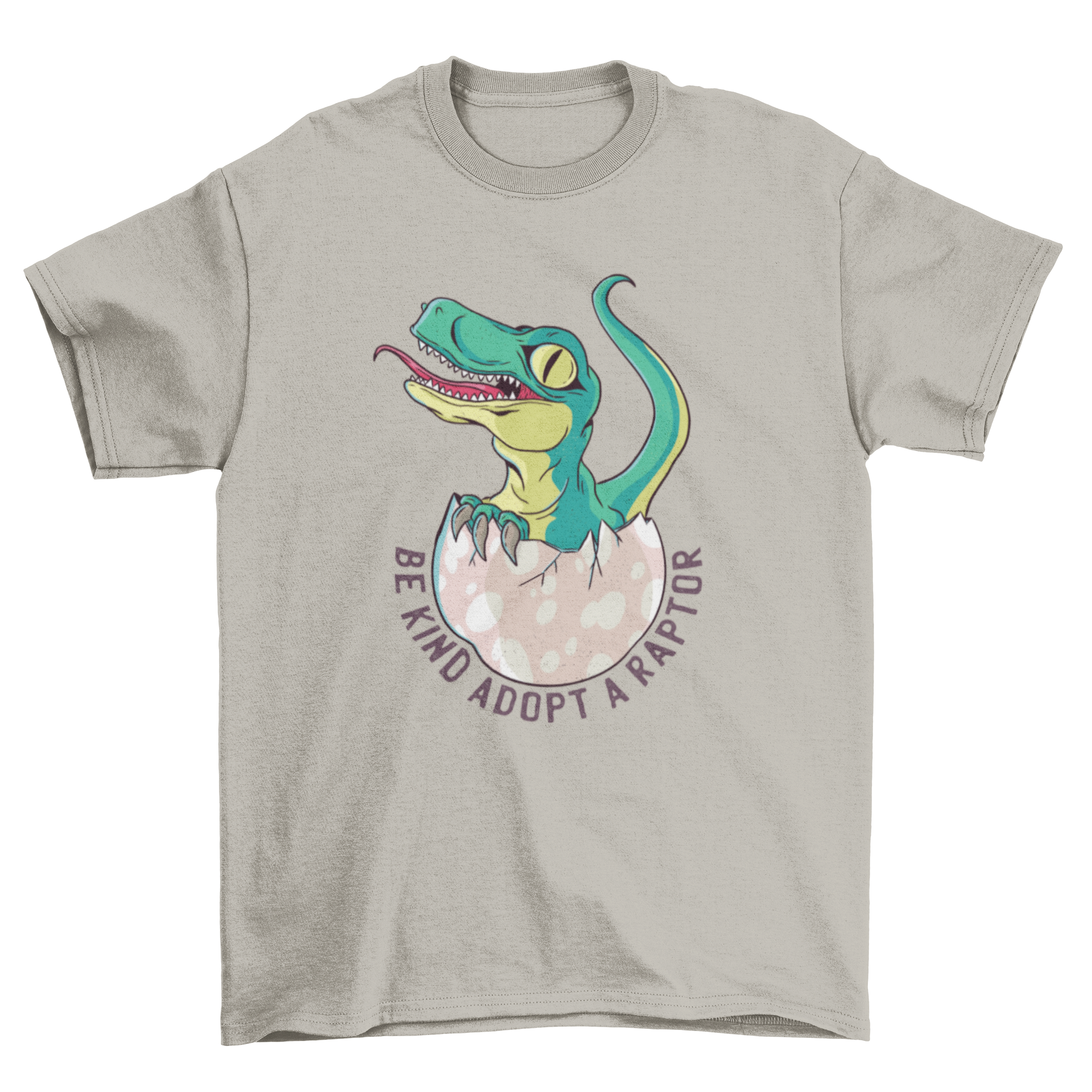 A vibrant green baby raptor hatching from an egg on a t-shirt with the caption 'Be kind adopt a raptor' below.