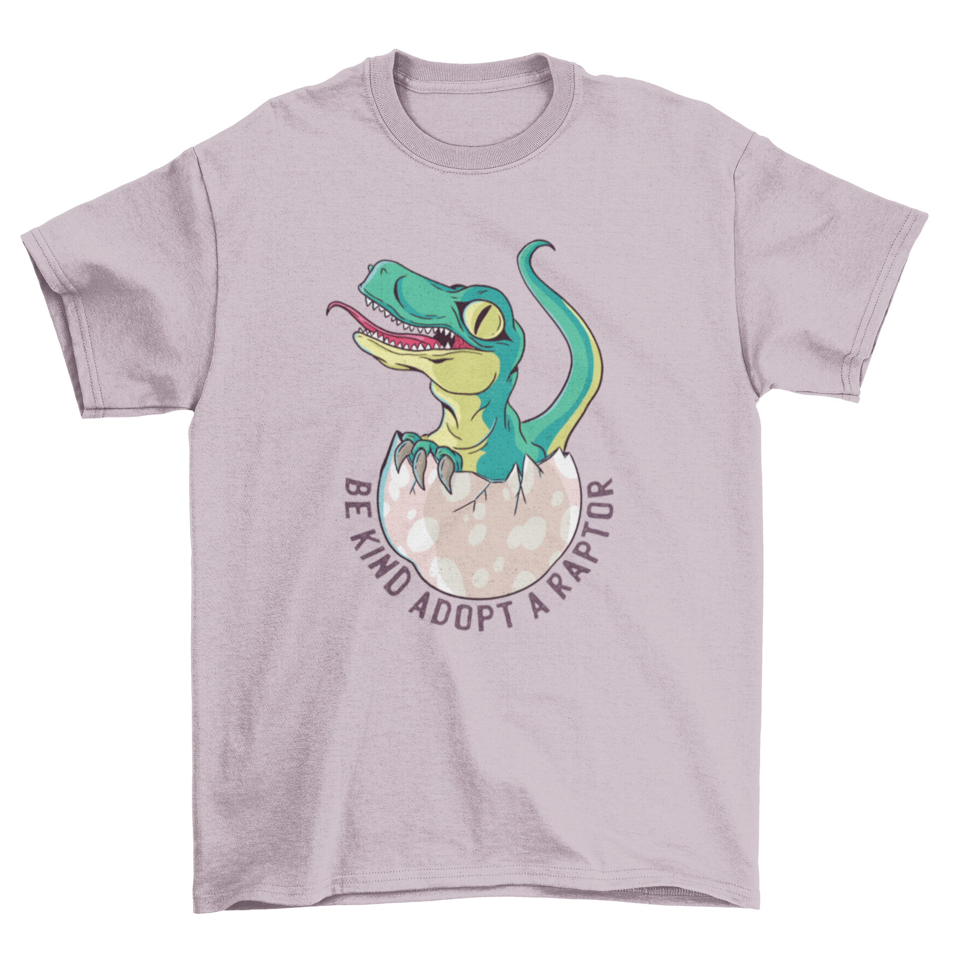 A vibrant green baby raptor hatching from an egg on a t-shirt with the caption 'Be kind adopt a raptor' below.