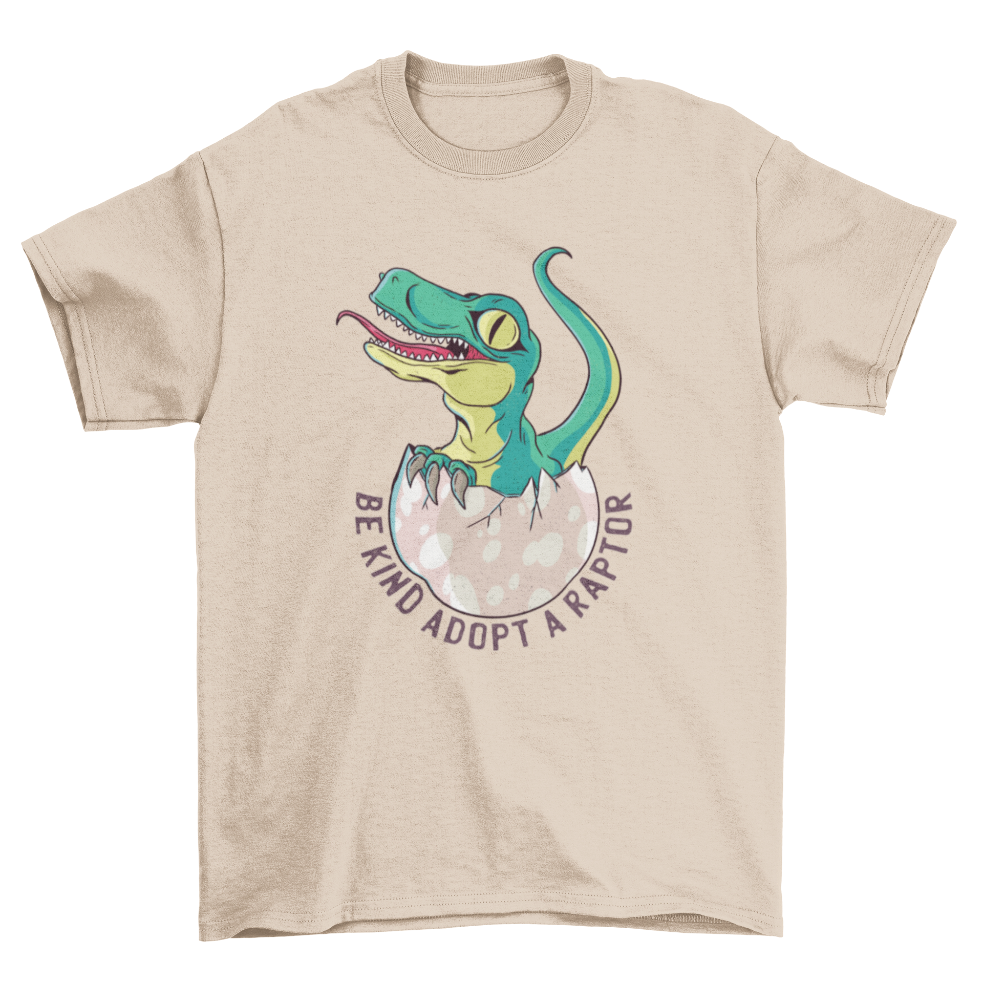 A vibrant green baby raptor hatching from an egg on a t-shirt with the caption 'Be kind adopt a raptor' below.