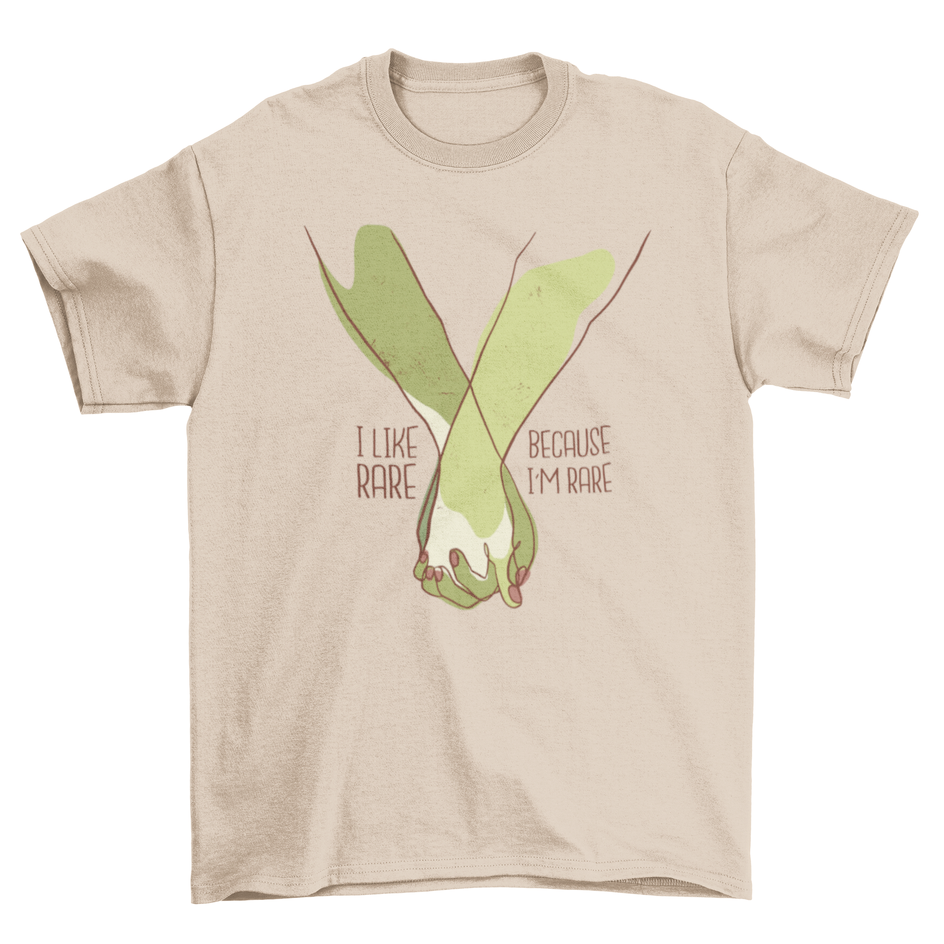 A couple t-shirt featuring a graphic of two hands holding each other with the quote 'I like rare because I'm rare.'