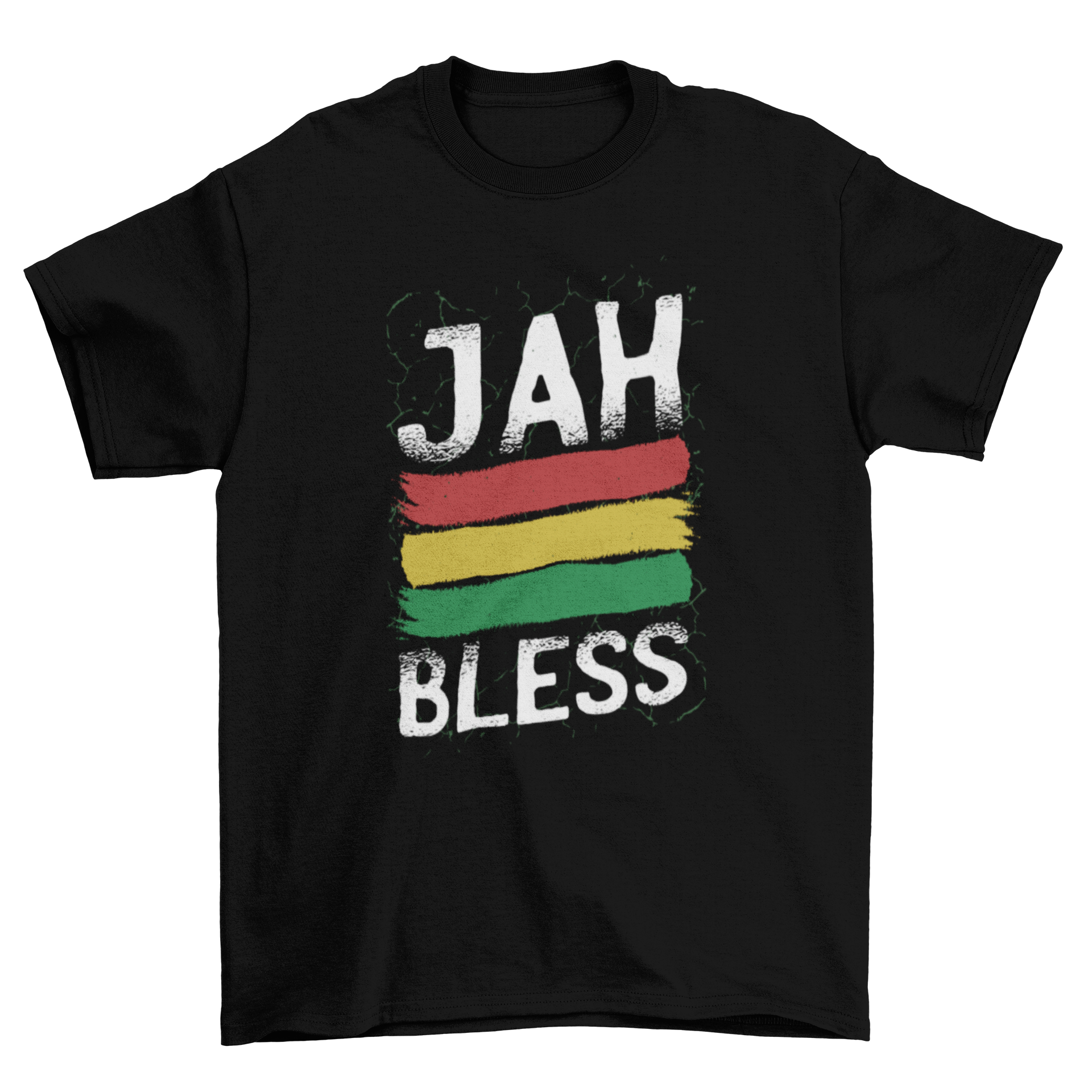 Rasta Quote T-Shirt featuring 'Jah Bless' text and Jamaican flag illustration, perfect for reggae lovers.