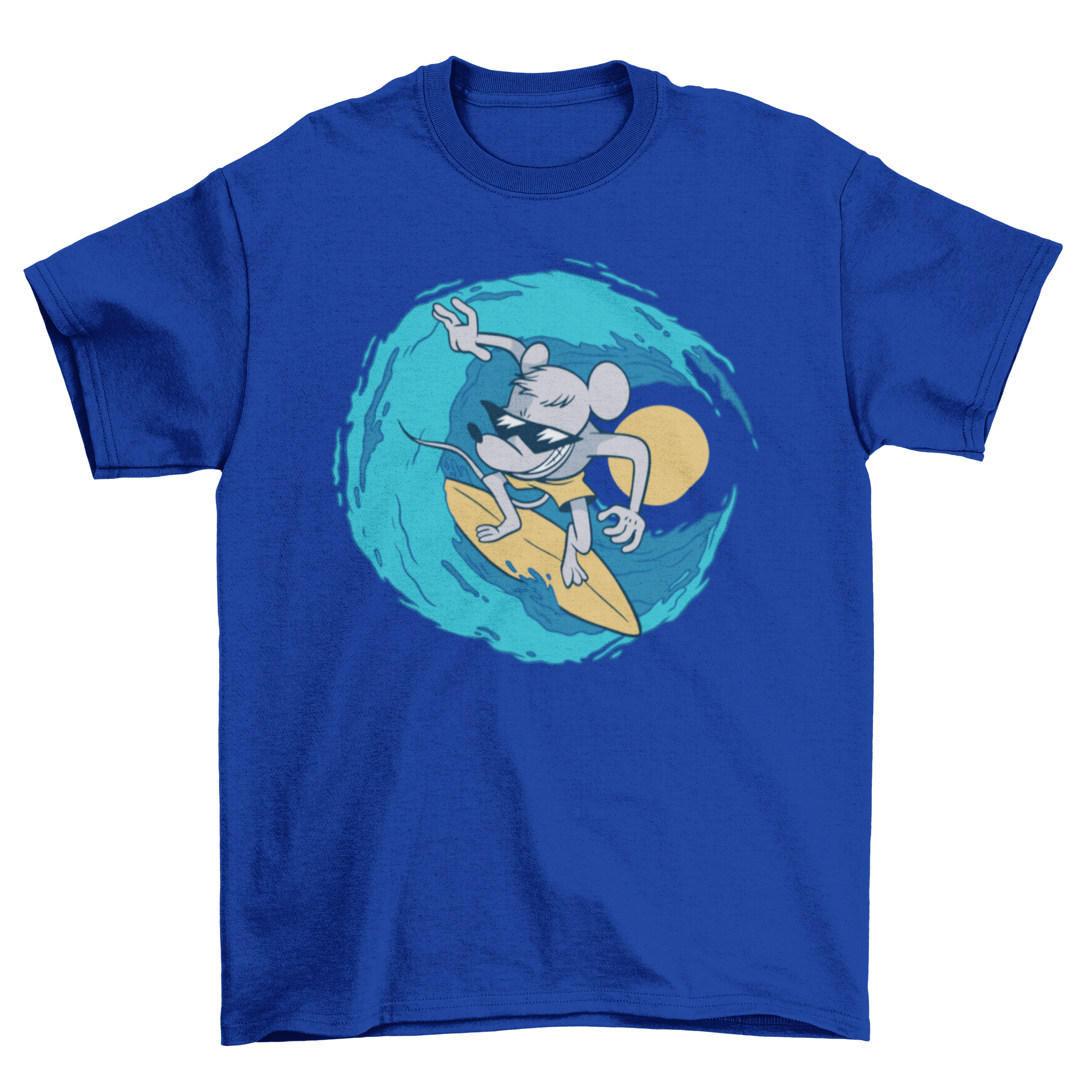 A stylish t-shirt featuring a colorful illustration of a rat surfing on a wave, perfect for beach lovers.