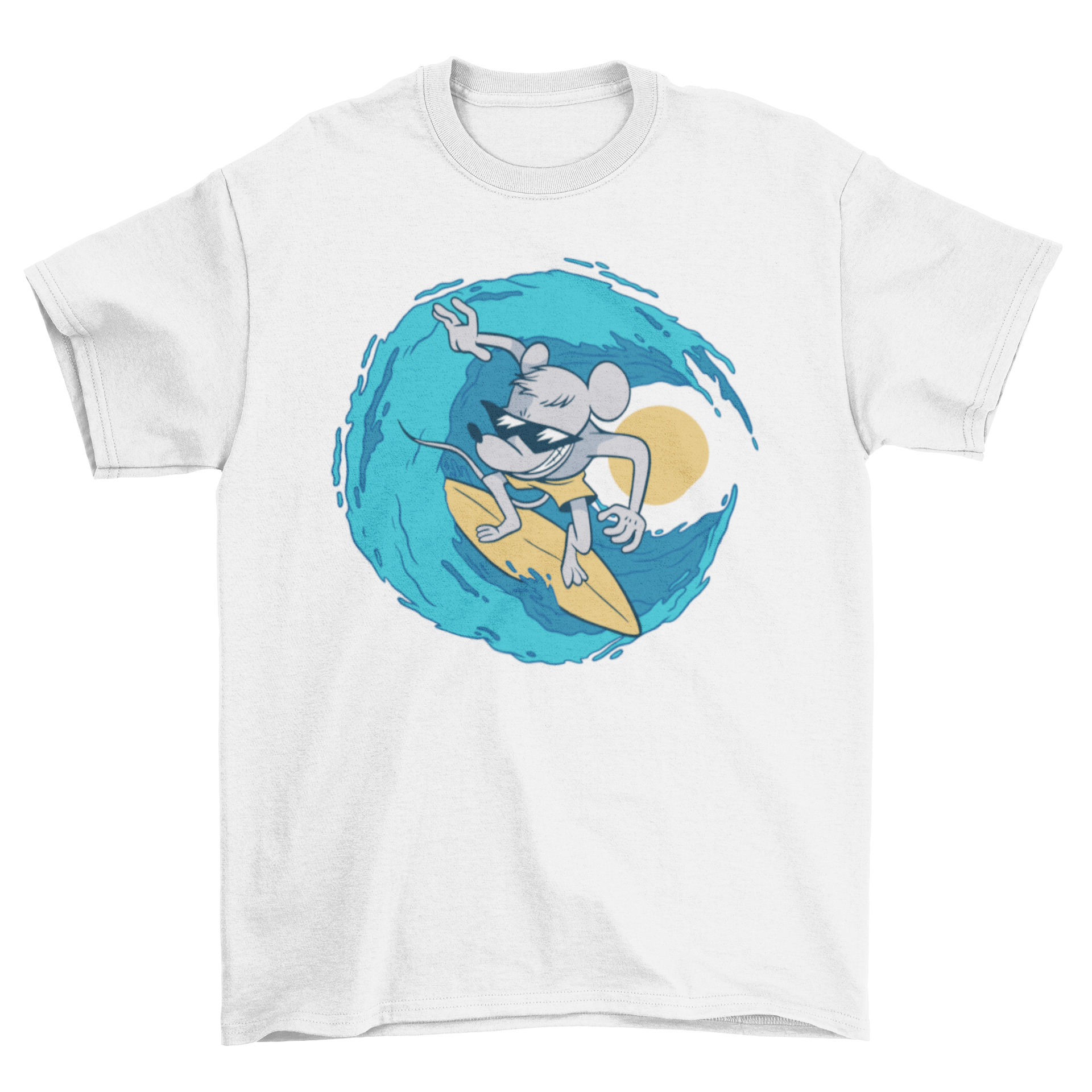 A stylish t-shirt featuring a colorful illustration of a rat surfing on a wave, perfect for beach lovers.