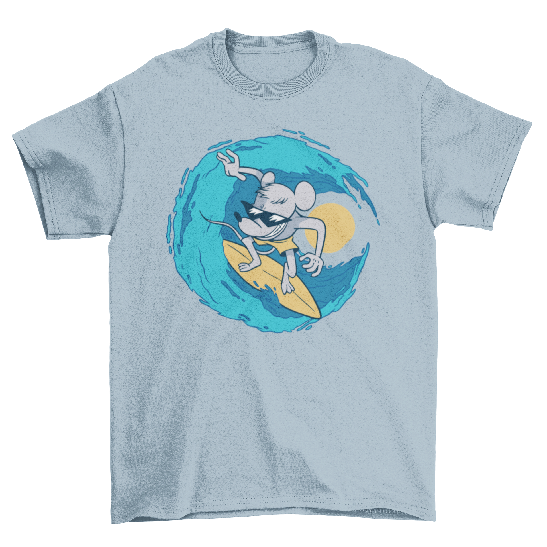 A stylish t-shirt featuring a colorful illustration of a rat surfing on a wave, perfect for beach lovers.