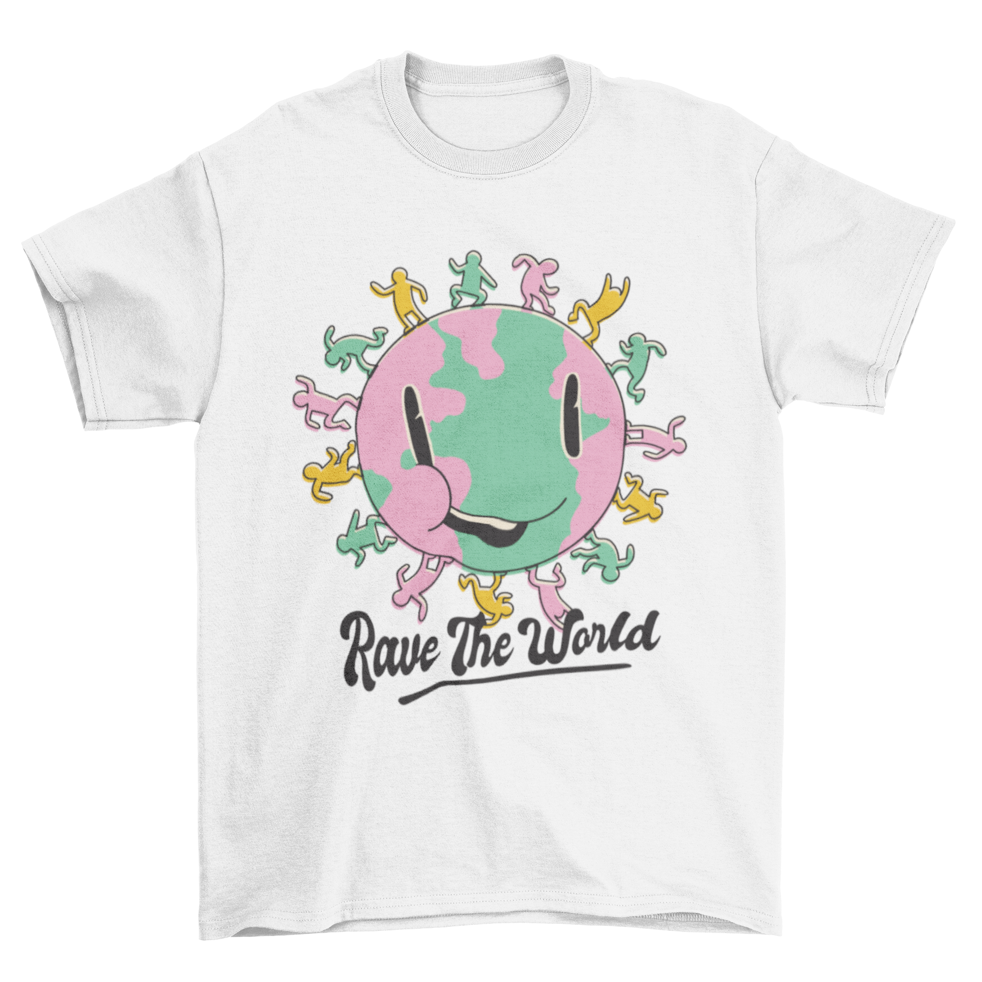 Rave the Planet t-shirt featuring a smiling planet and dancing people with a vibrant design.