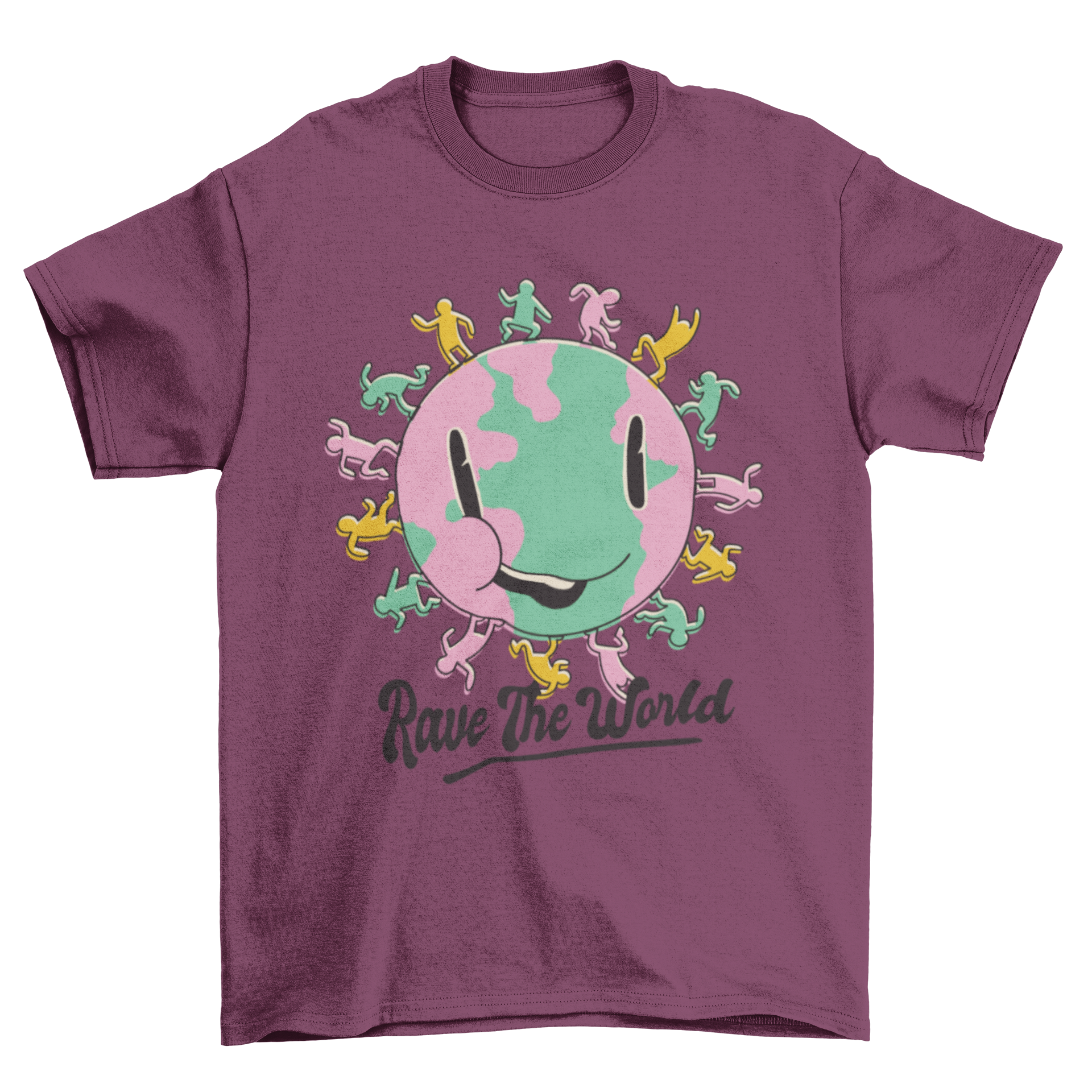 Rave the Planet t-shirt featuring a smiling planet and dancing people with a vibrant design.