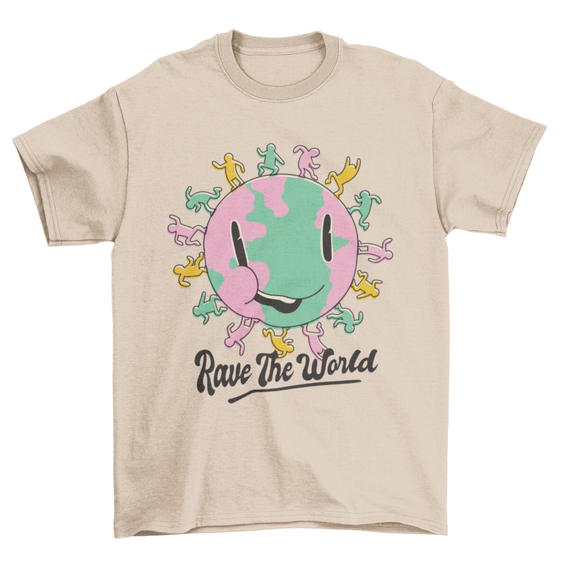 Rave the Planet t-shirt featuring a smiling planet and dancing people with a vibrant design.