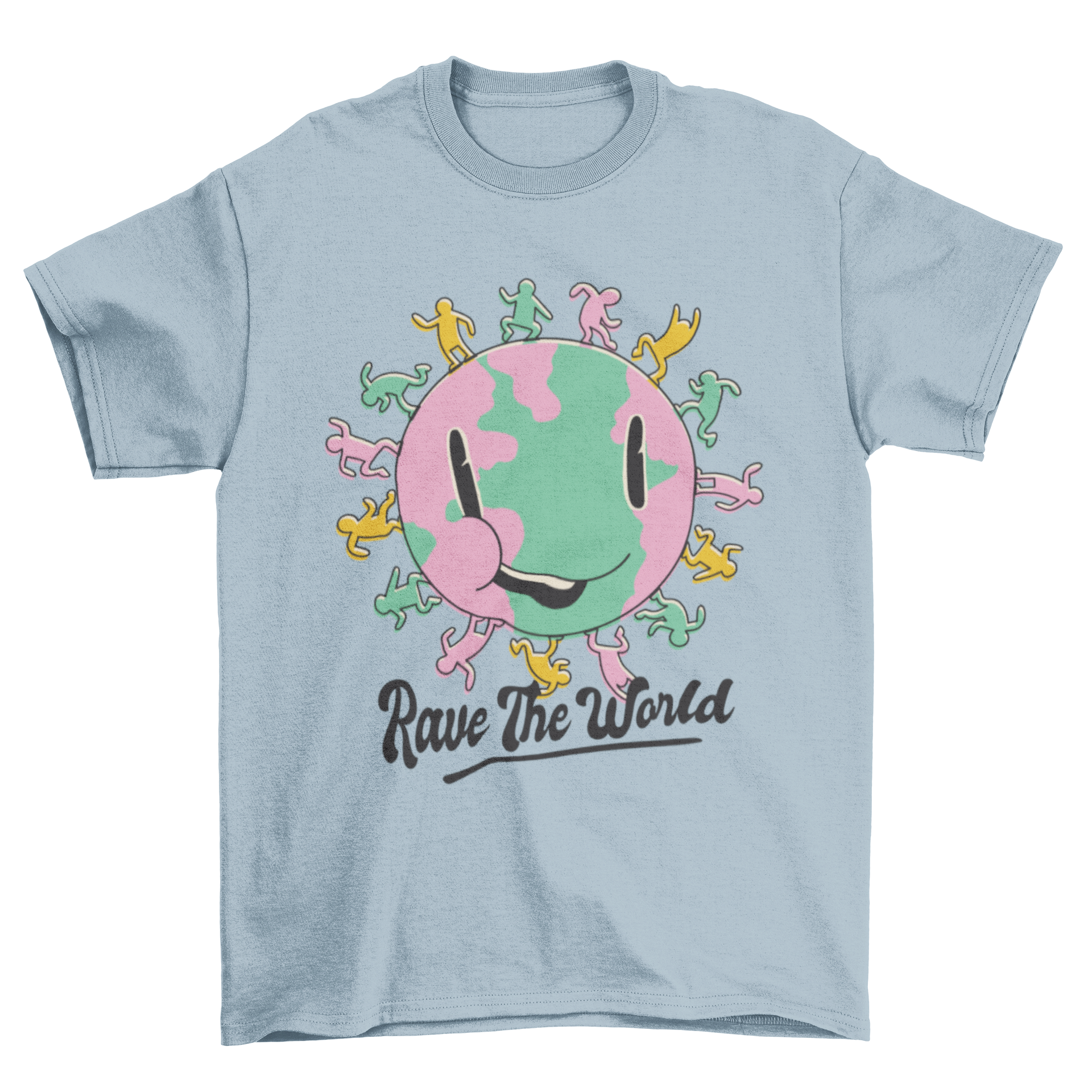 Rave the Planet t-shirt featuring a smiling planet and dancing people with a vibrant design.