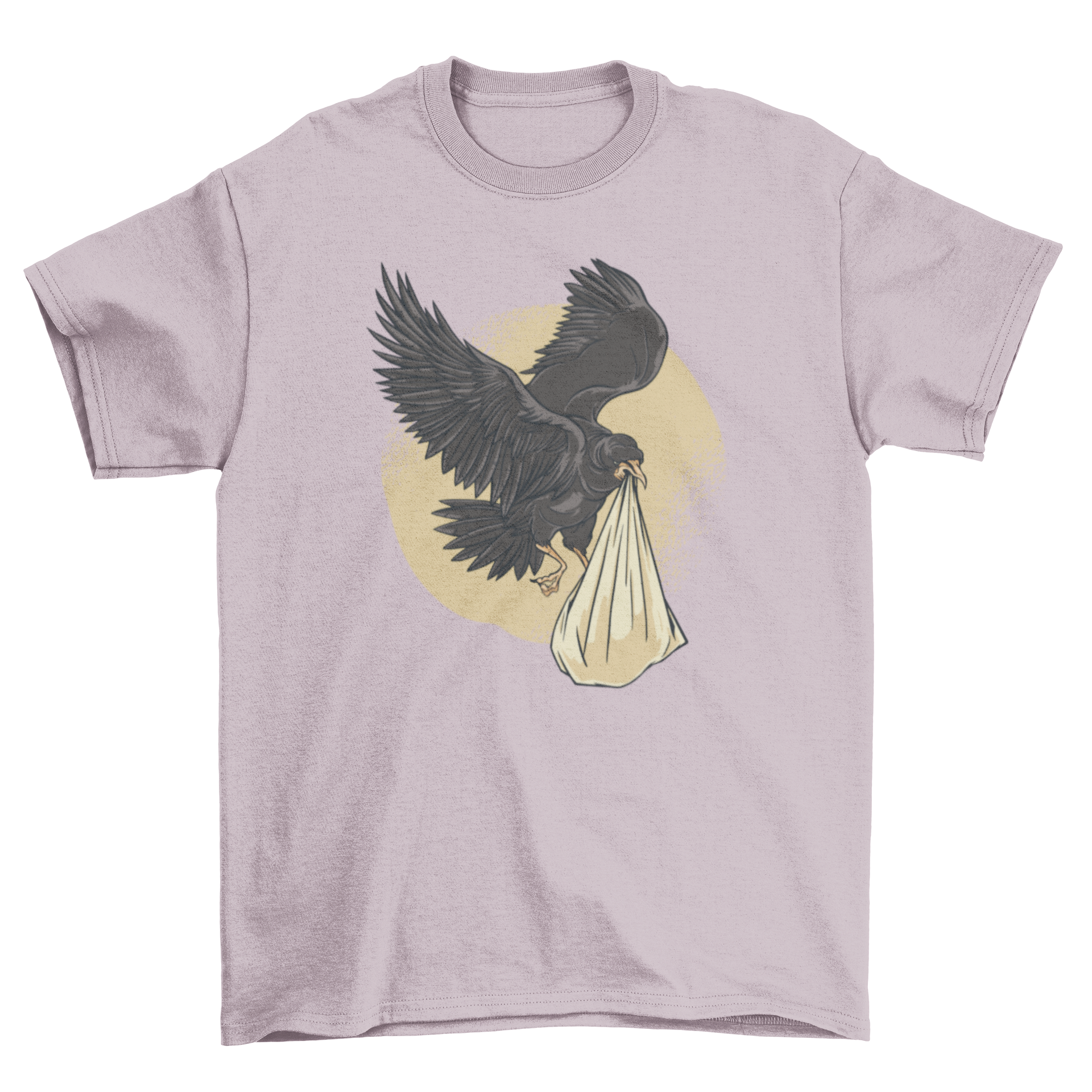 A stylish t-shirt featuring a raven carrying a baby, showcasing a unique and artistic design.