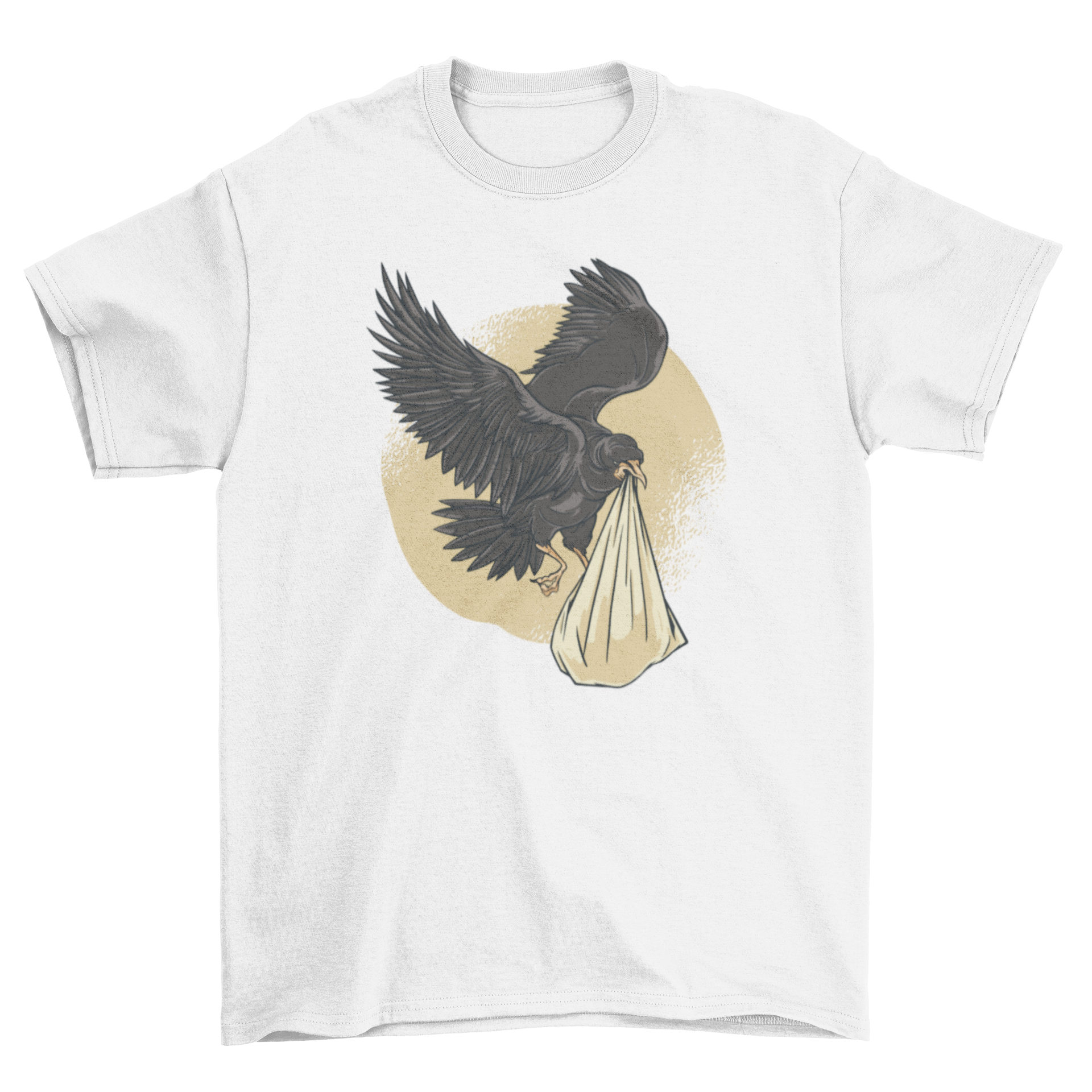 A stylish t-shirt featuring a raven carrying a baby, showcasing a unique and artistic design.