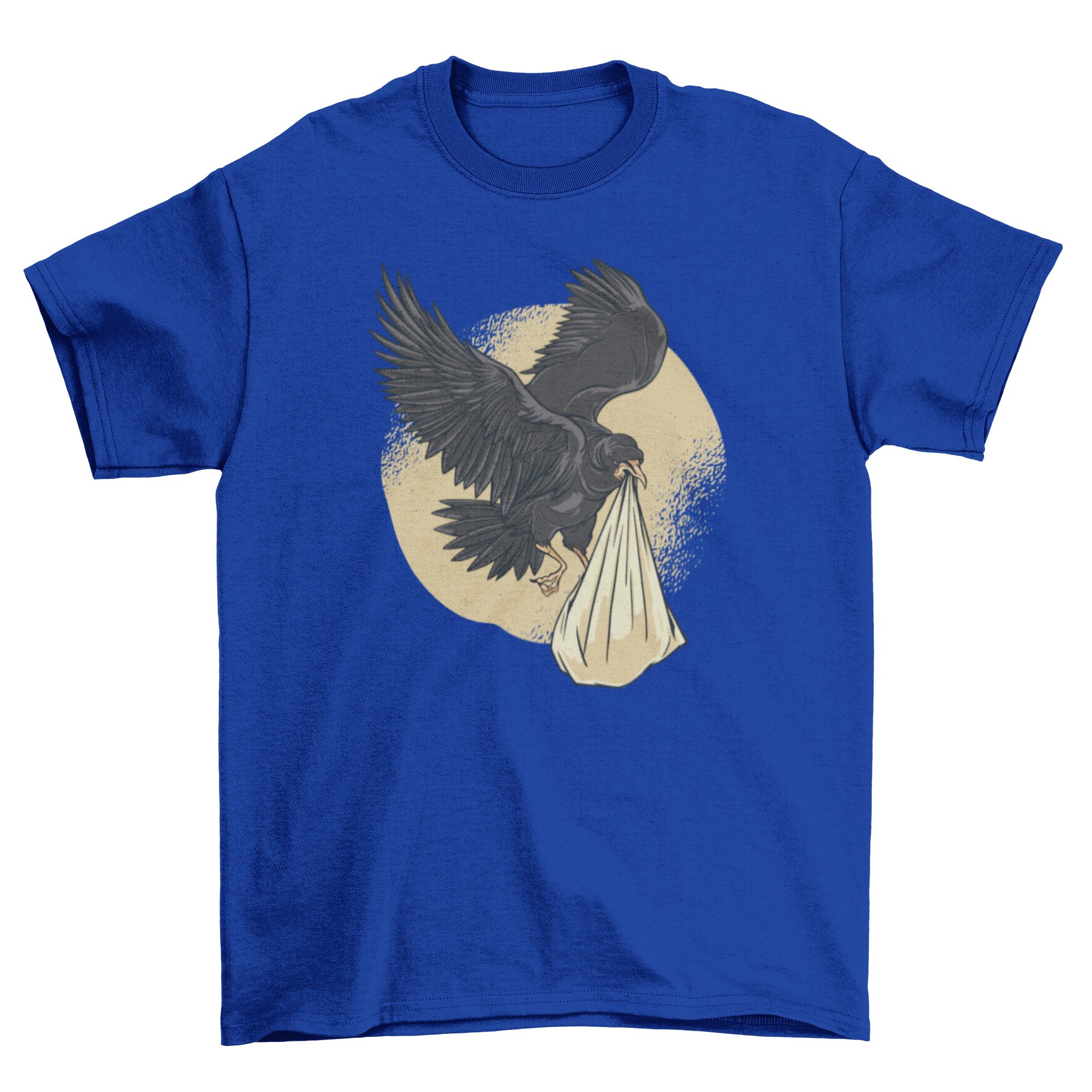 A stylish t-shirt featuring a raven carrying a baby, showcasing a unique and artistic design.