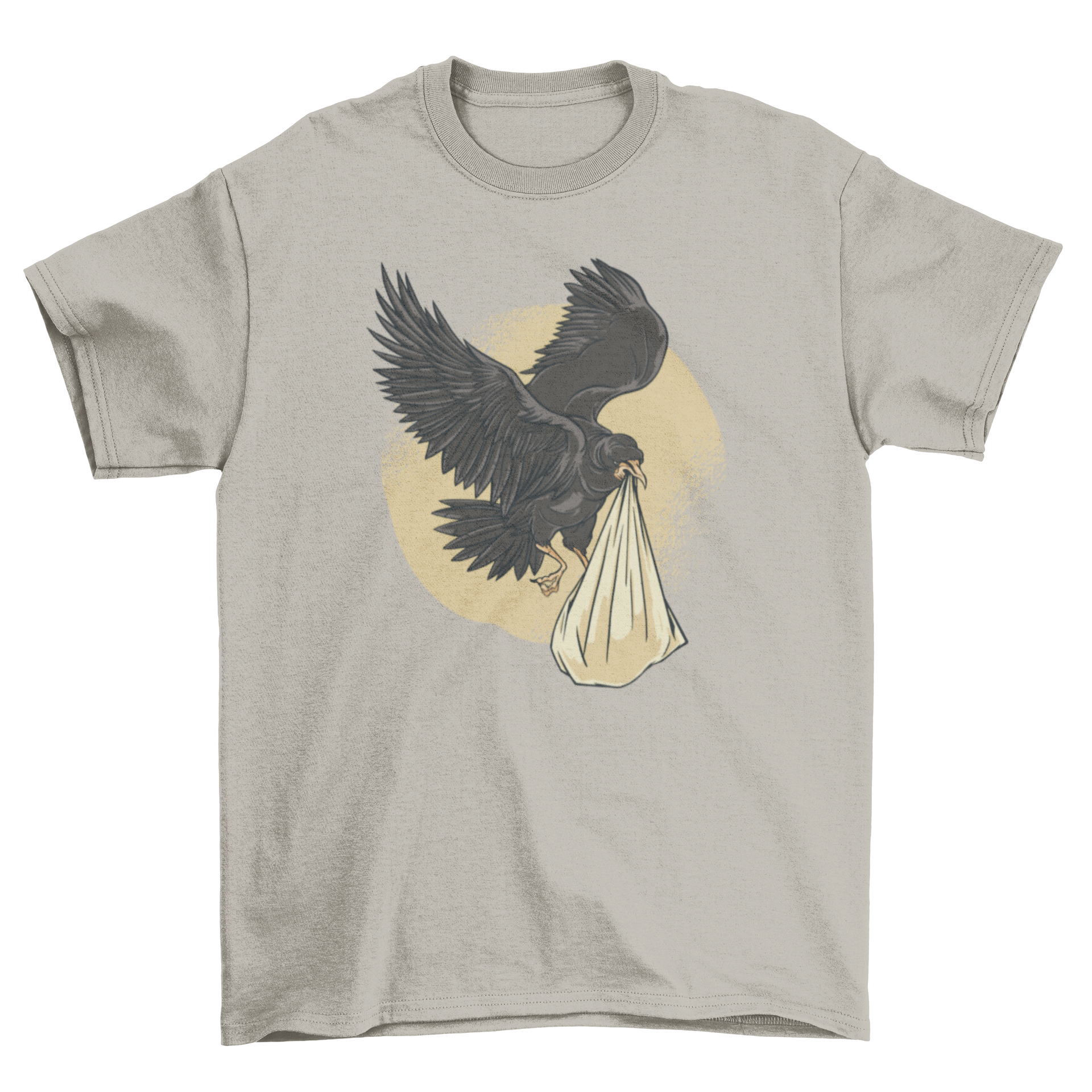 A stylish t-shirt featuring a raven carrying a baby, showcasing a unique and artistic design.