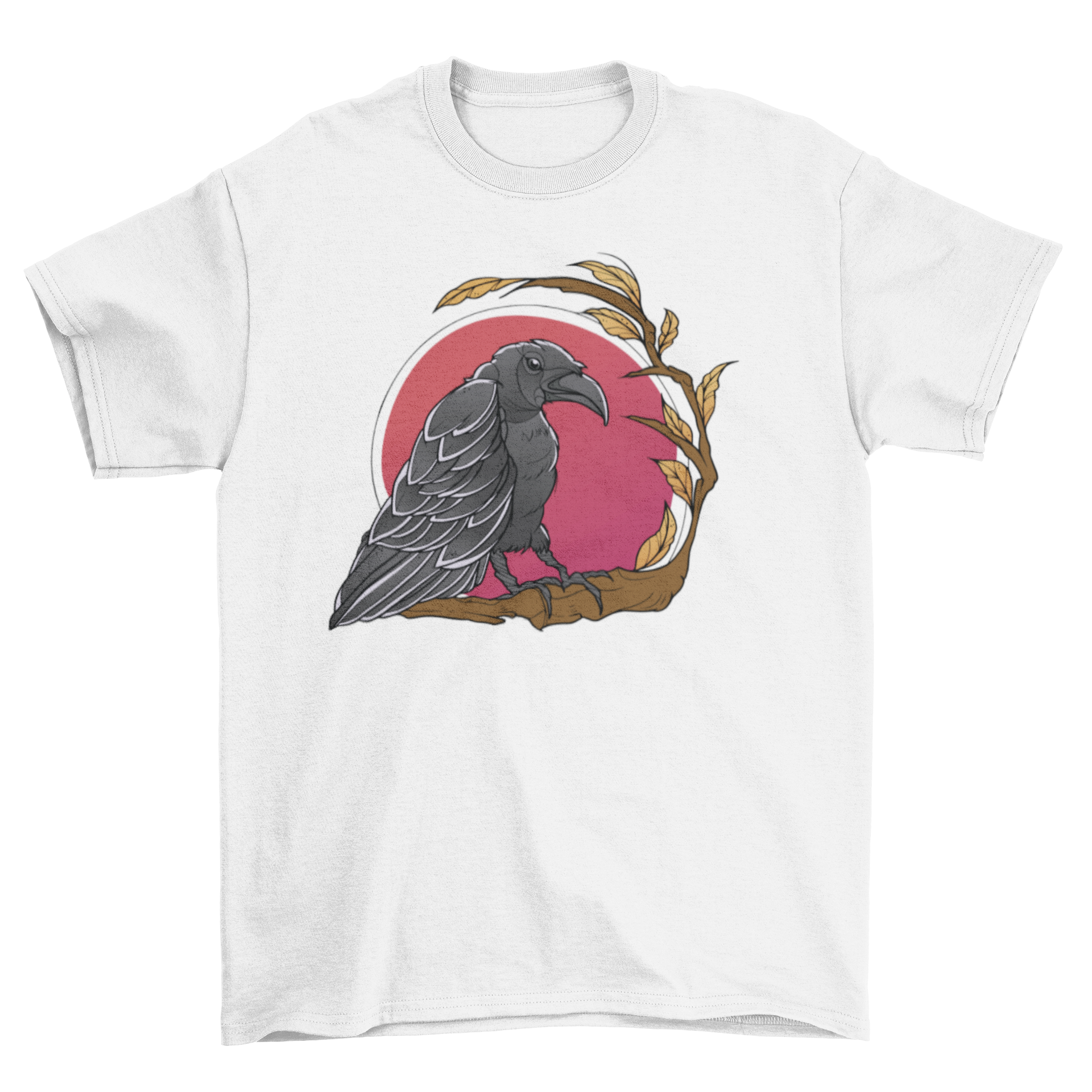 A stylish t-shirt featuring a raven perched on a branch against a vibrant red moon.