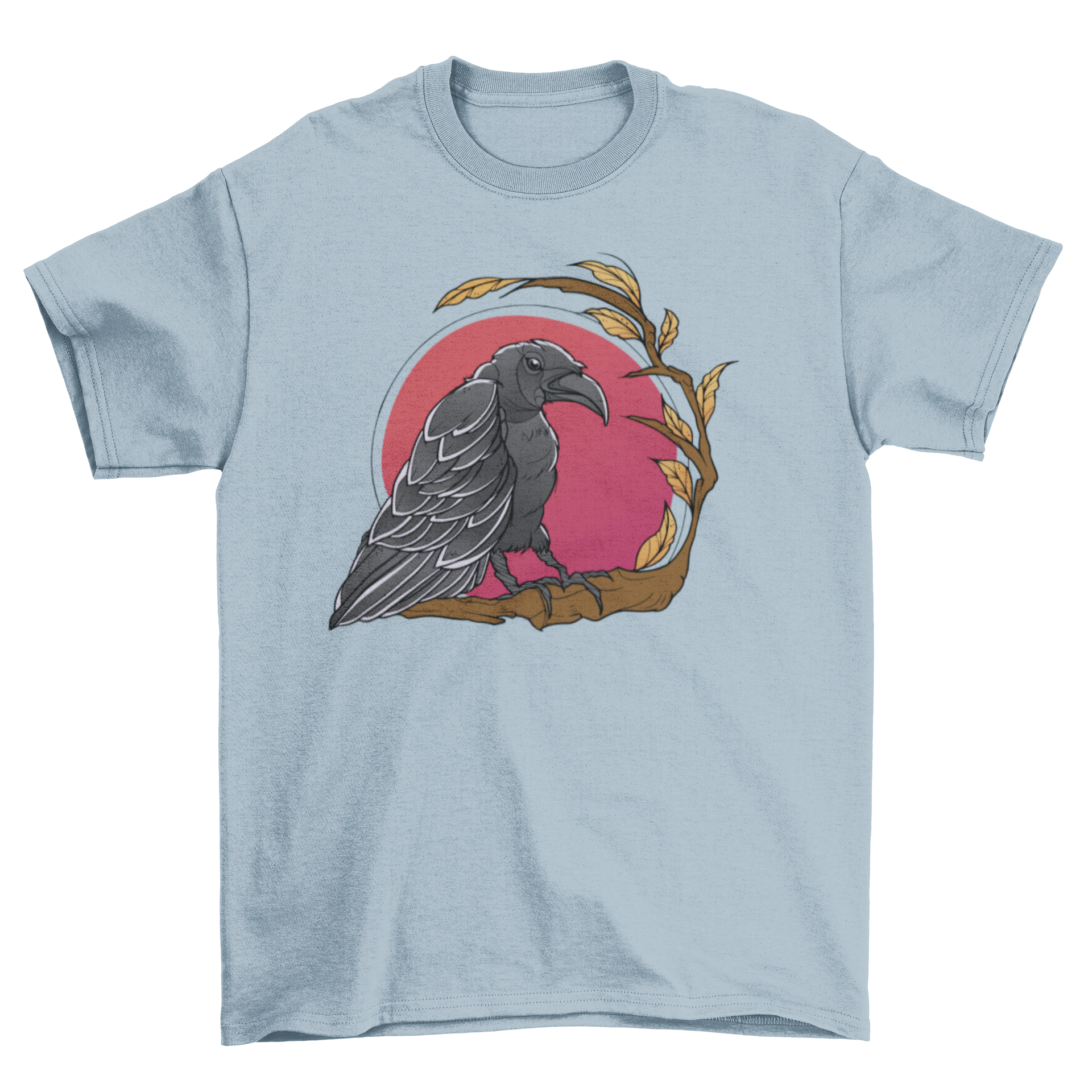 A stylish t-shirt featuring a raven perched on a branch against a vibrant red moon.