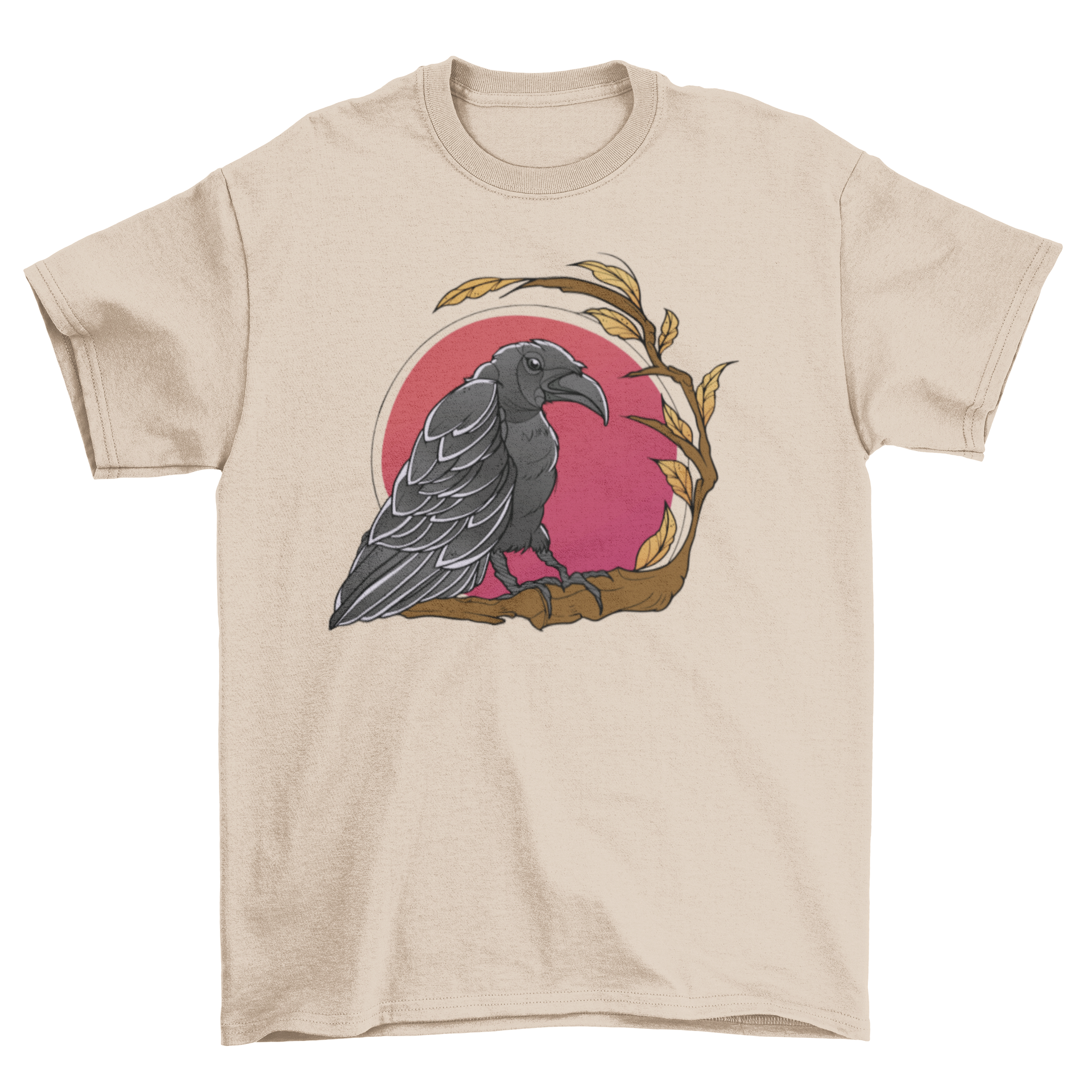 A stylish t-shirt featuring a raven perched on a branch against a vibrant red moon.