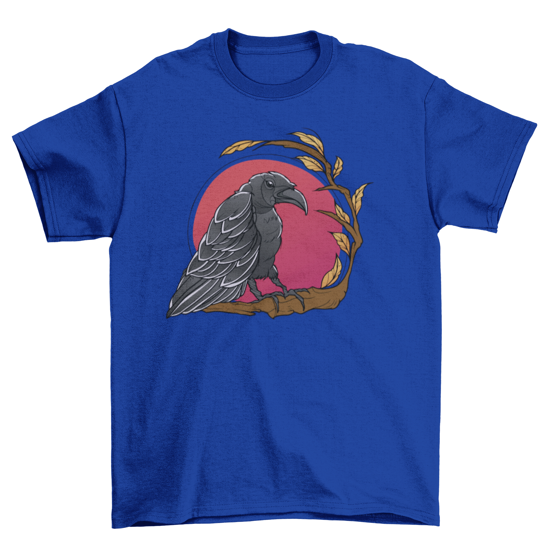 A stylish t-shirt featuring a raven perched on a branch against a vibrant red moon.