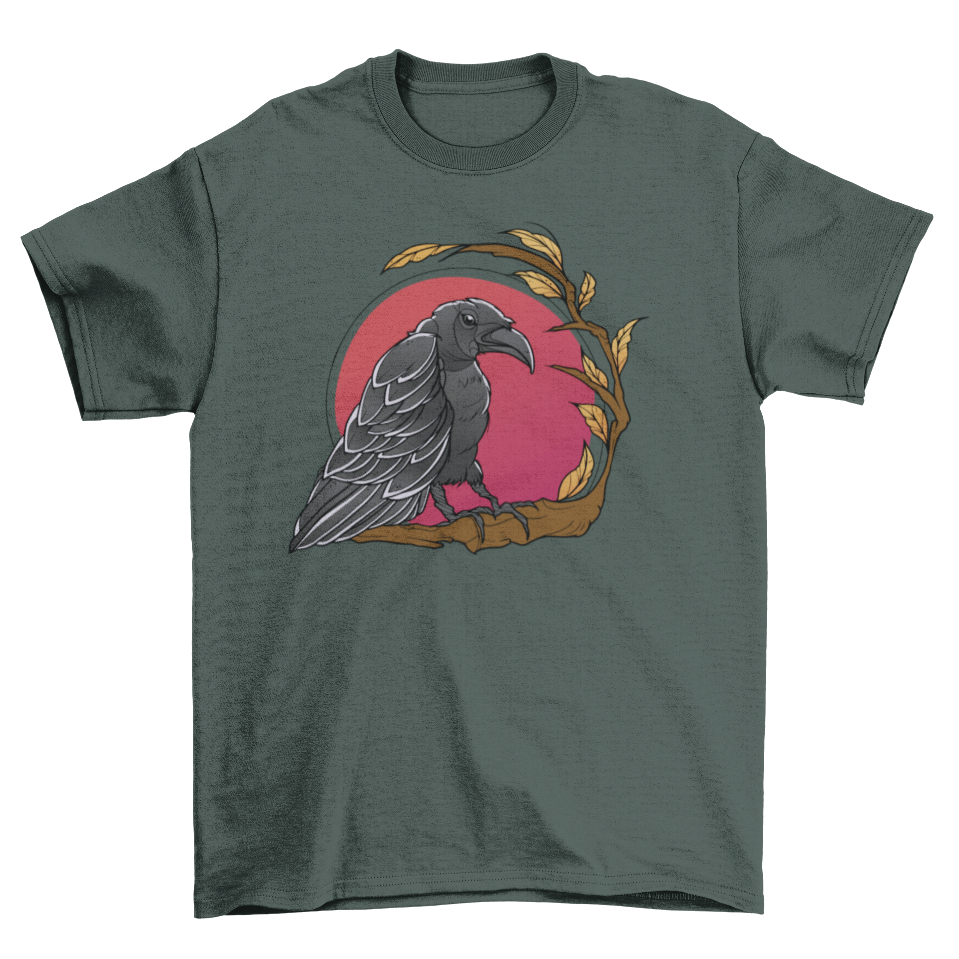 A stylish t-shirt featuring a raven perched on a branch against a vibrant red moon.