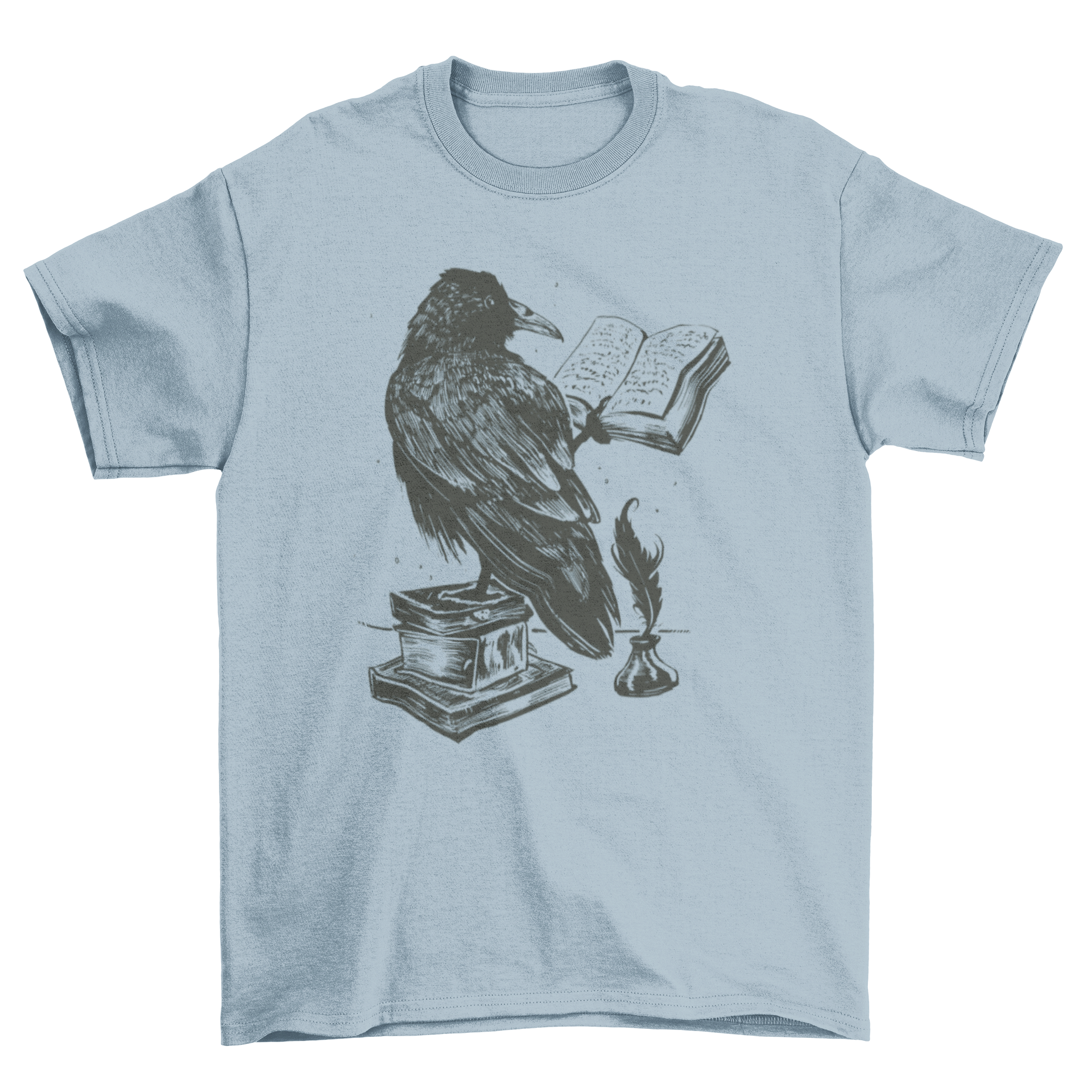 A stylish t-shirt featuring a raven reading a book, showcasing a unique and artistic design.