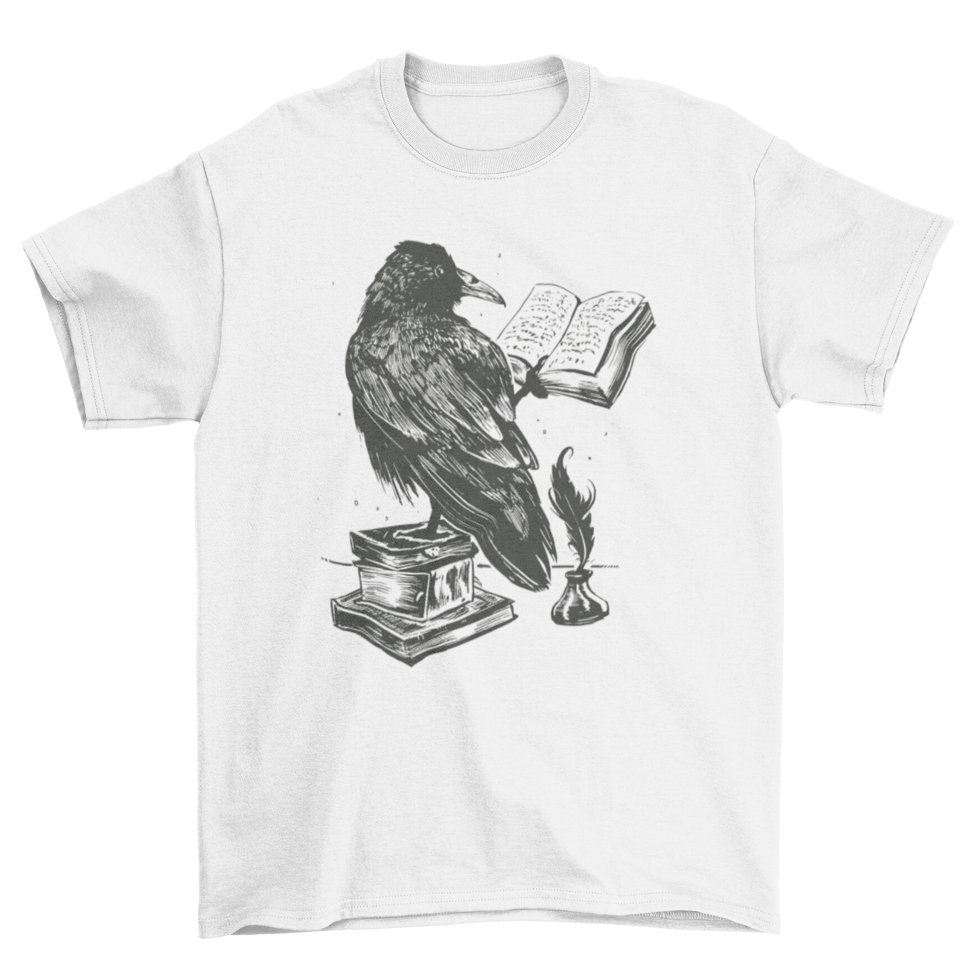 A stylish t-shirt featuring a raven reading a book, showcasing a unique and artistic design.