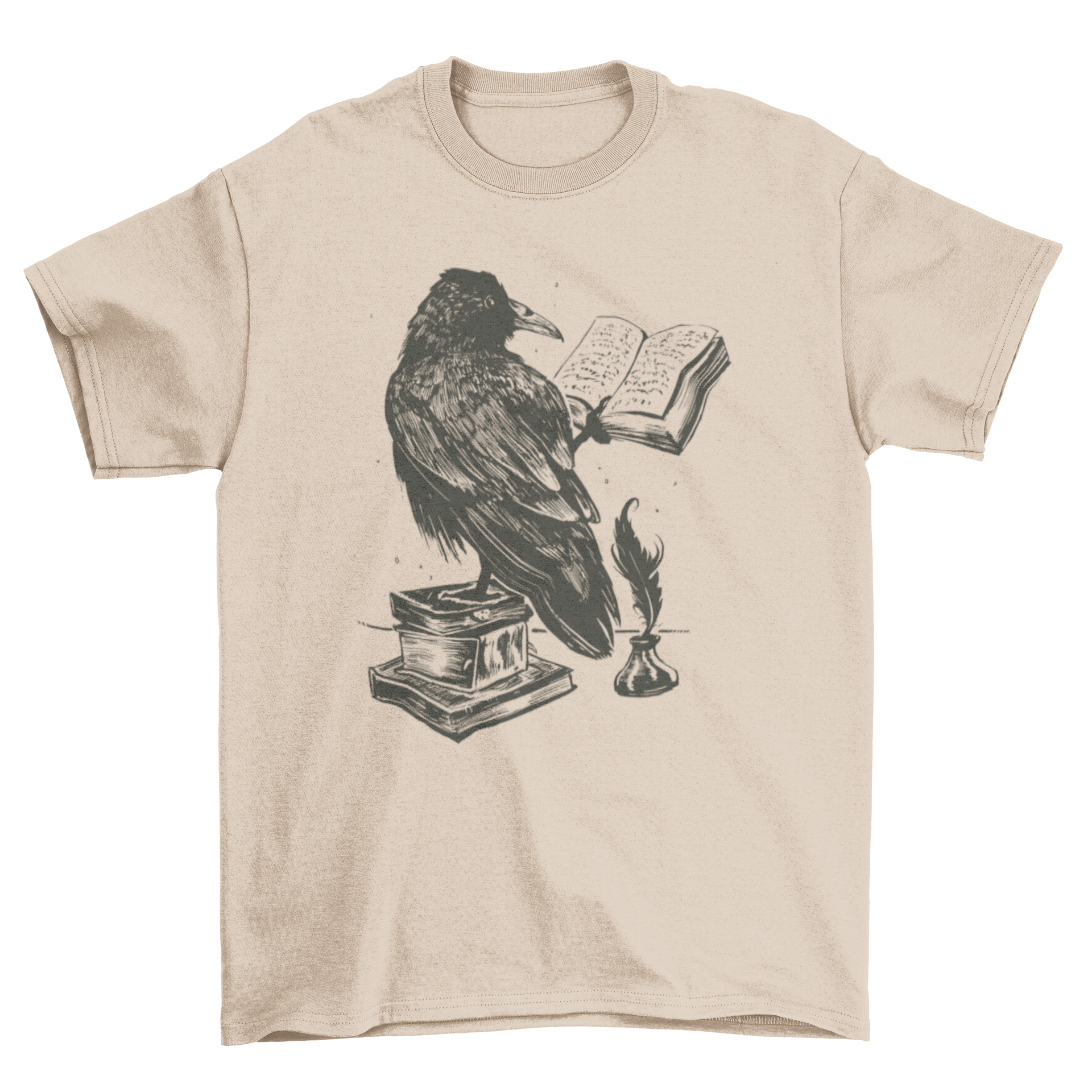 A stylish t-shirt featuring a raven reading a book, showcasing a unique and artistic design.