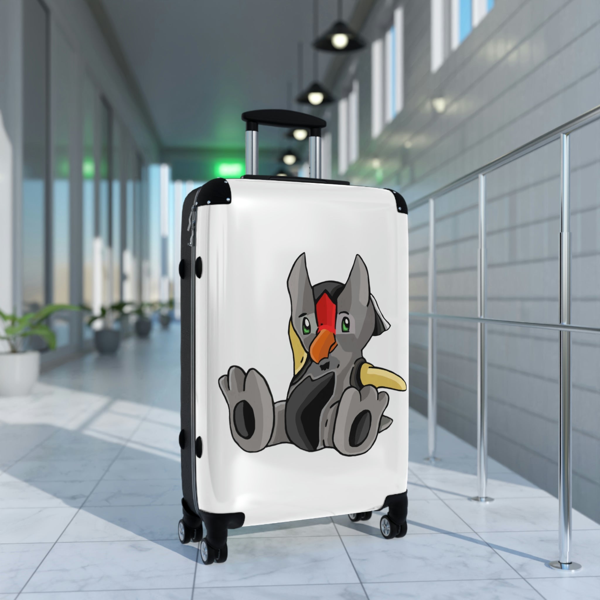 Raylow Cabin Suitcase featuring a personalized design, lightweight polycarbonate front, and ABS back, with adjustable handle and 360° swivel wheels.