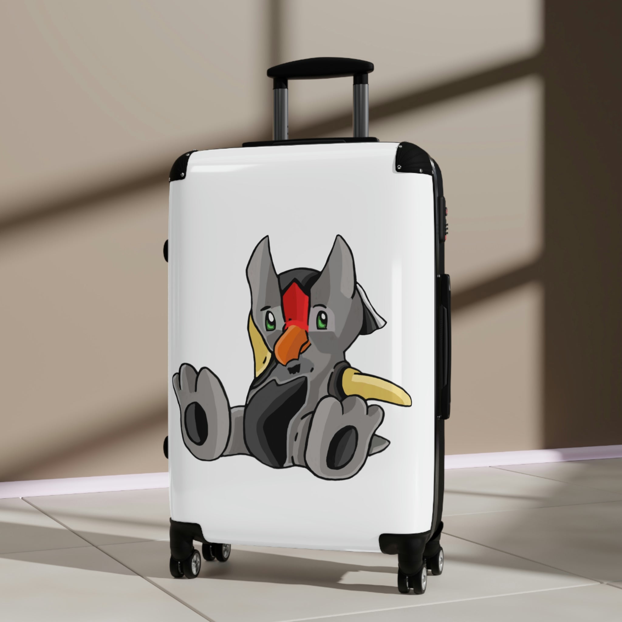 Raylow Cabin Suitcase featuring a personalized design, lightweight polycarbonate front, and ABS back, with adjustable handle and 360° swivel wheels.