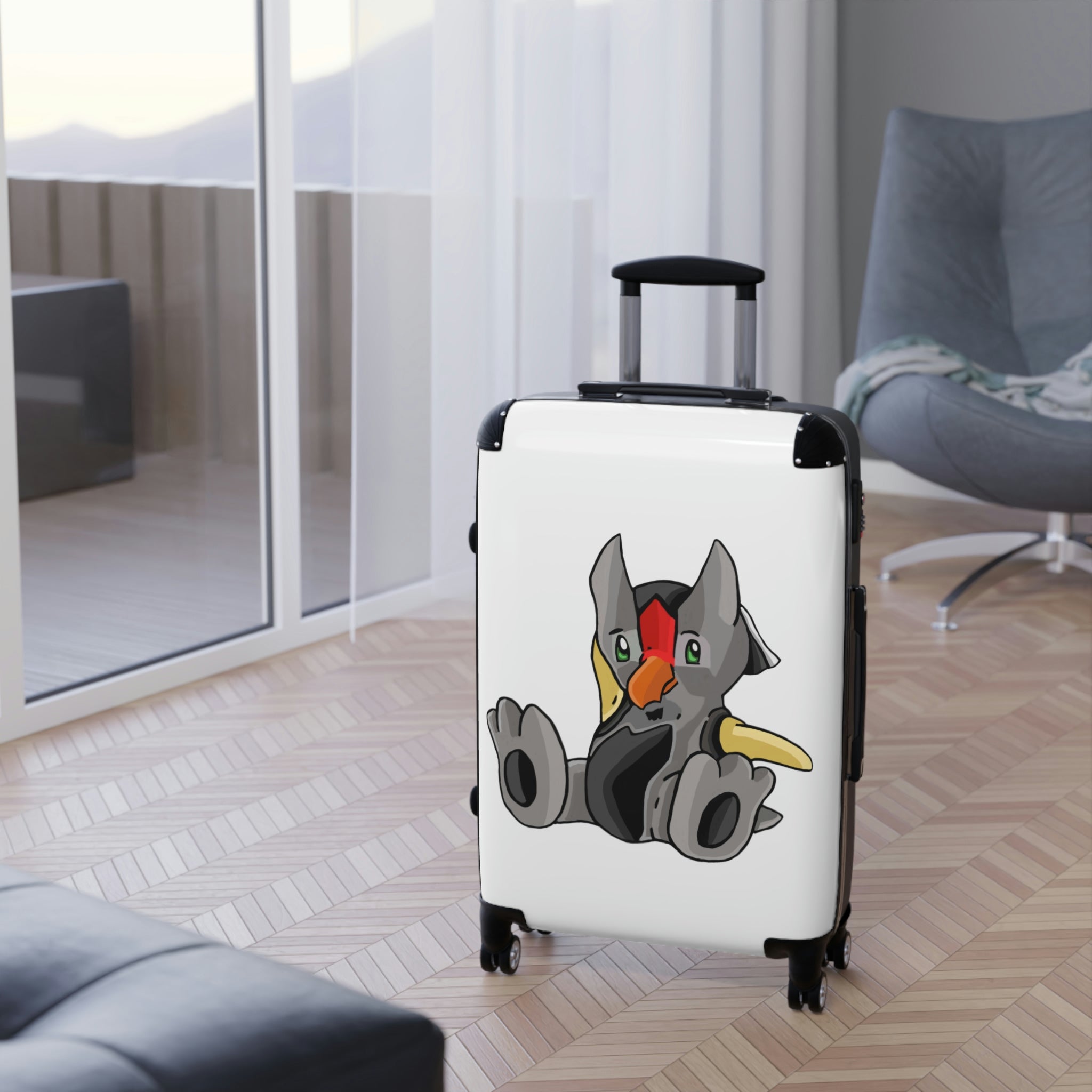 Raylow Cabin Suitcase featuring a personalized design, lightweight polycarbonate front, and ABS back, with adjustable handle and 360° swivel wheels.