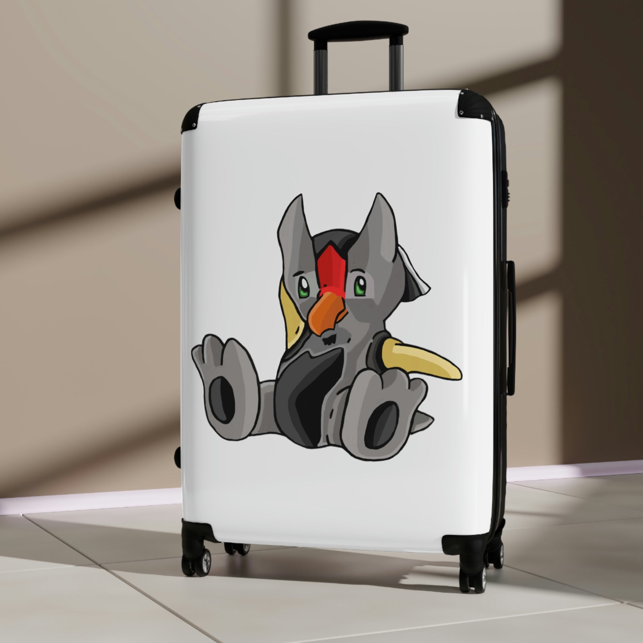 Raylow Cabin Suitcase featuring a personalized design, lightweight polycarbonate front, and ABS back, with adjustable handle and 360° swivel wheels.