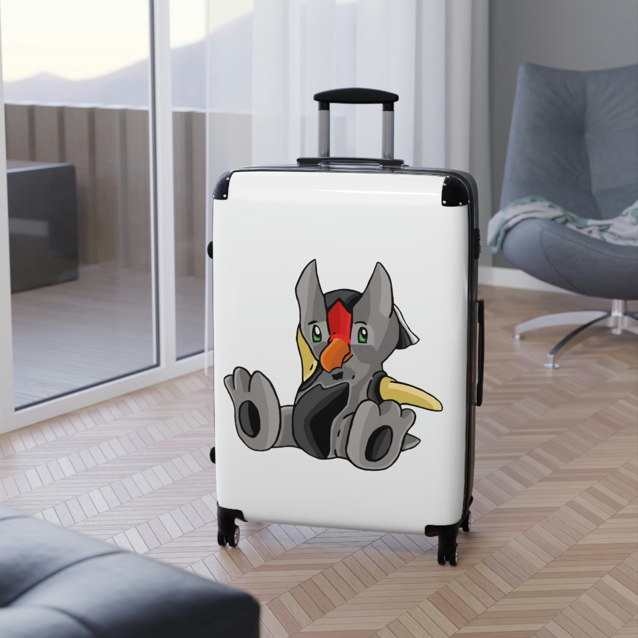 Raylow Cabin Suitcase featuring a personalized design, lightweight polycarbonate front, and ABS back, with adjustable handle and 360° swivel wheels.